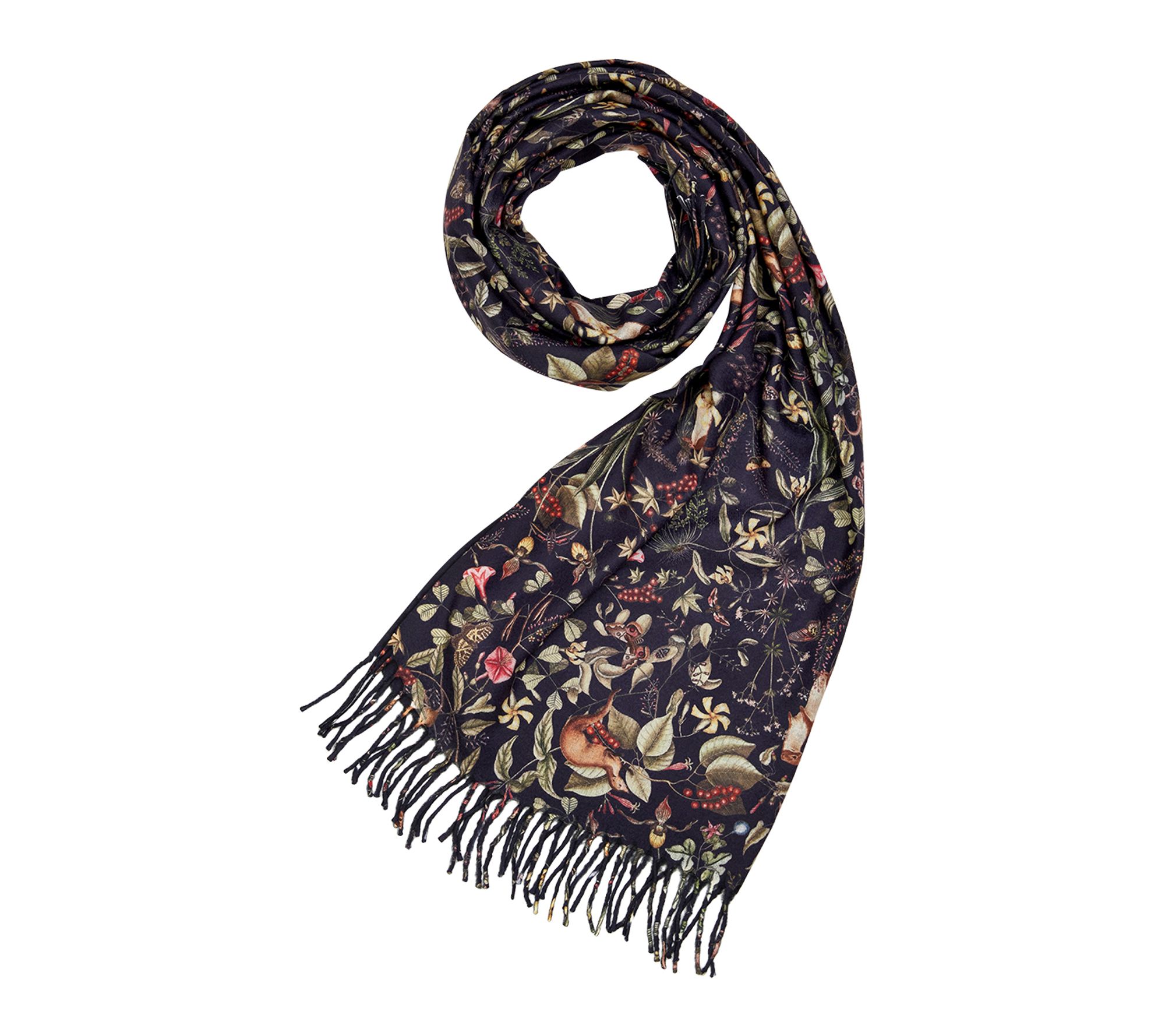 Fable England Wolf Garden Navy Scarf with Tassels
