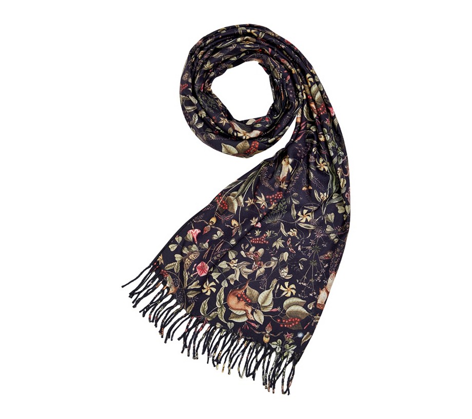 Fable England Wolf Garden Navy Scarf with Tassels