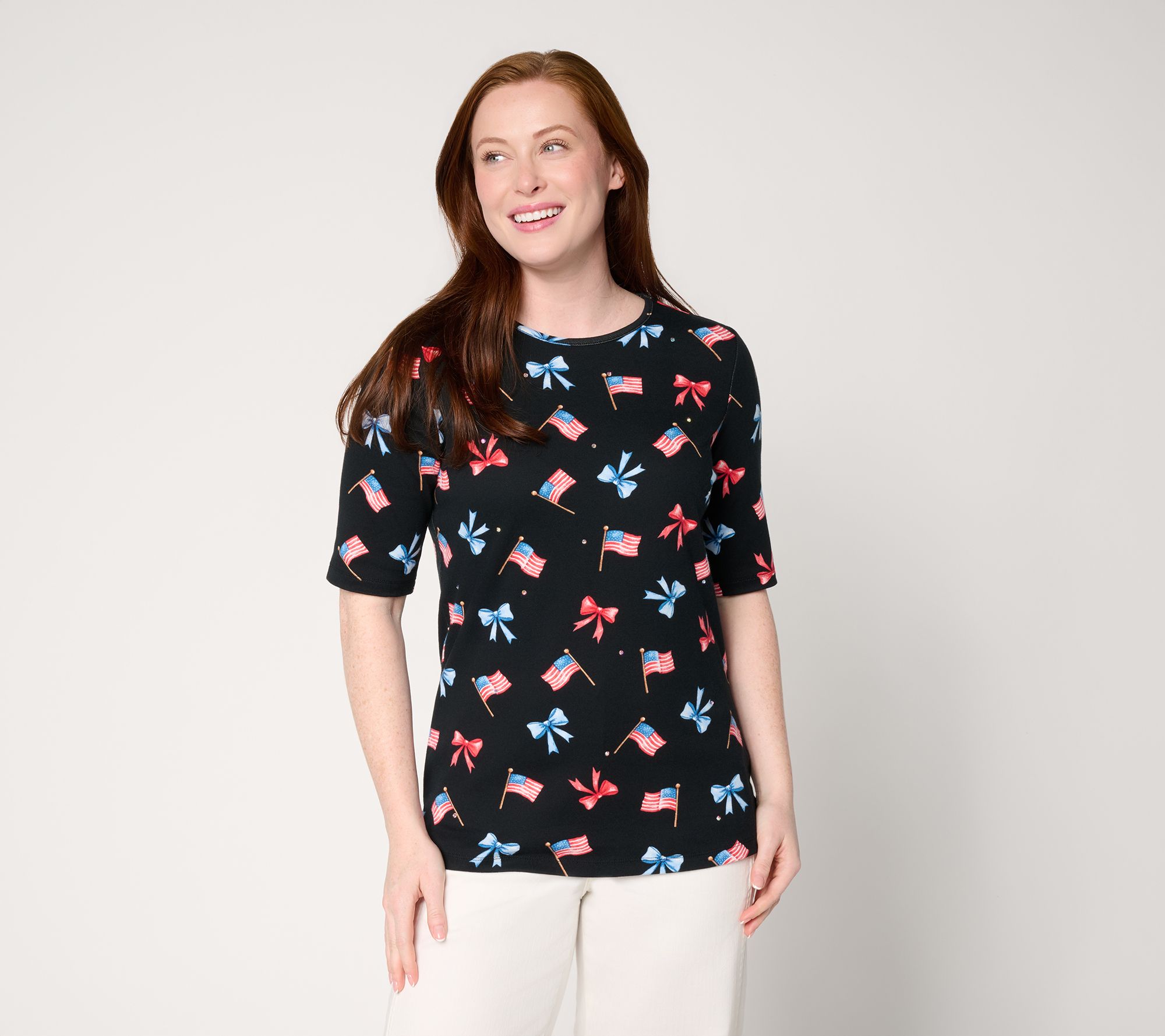 Quacker Factory God Bless America Printed Elbow Sleeve Top
