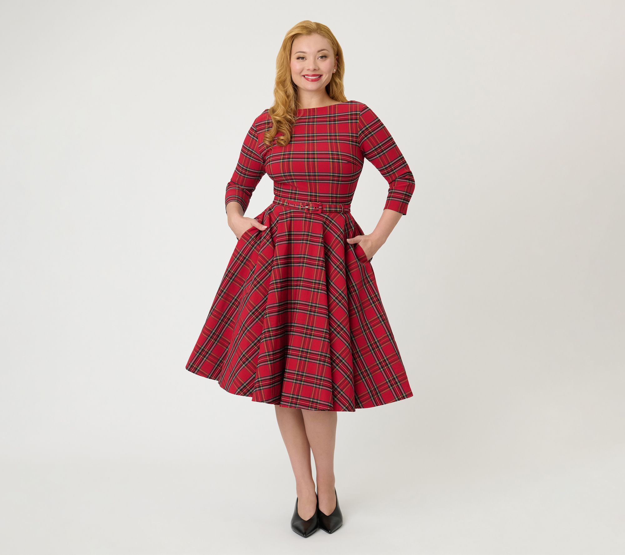  Unique Vintage Red Plaid Sleeved Devon Swing Dress