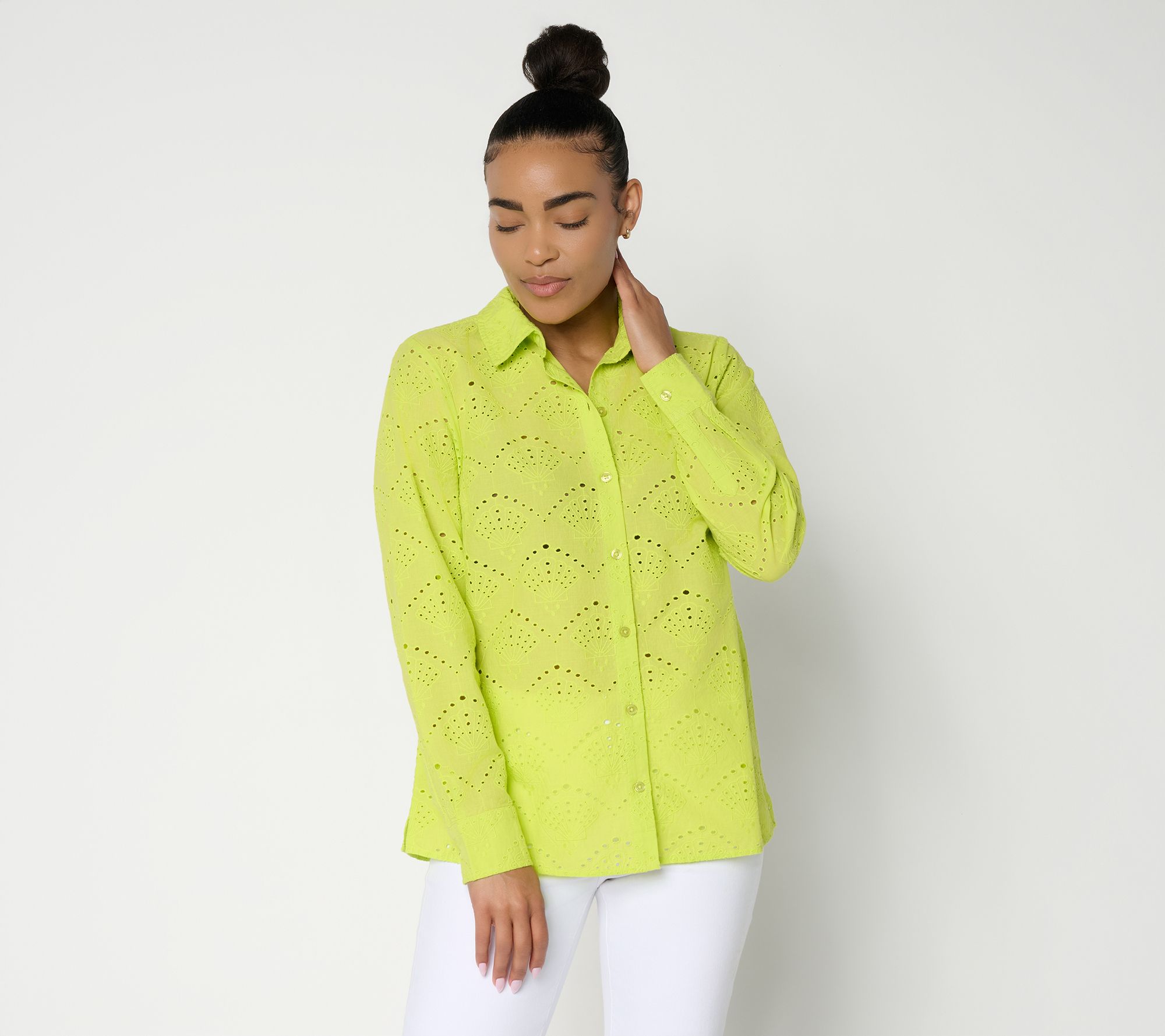 Joan Rivers Long Sleeve Button Front Eyelet Collared Shirt