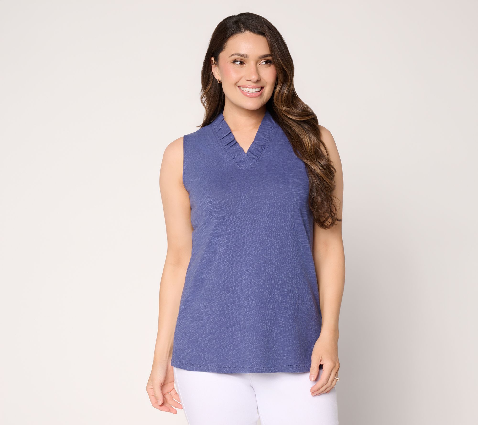 Denim & Co. Linen Slub V-Neck Sleeveless Top w/ Ruffle Trim