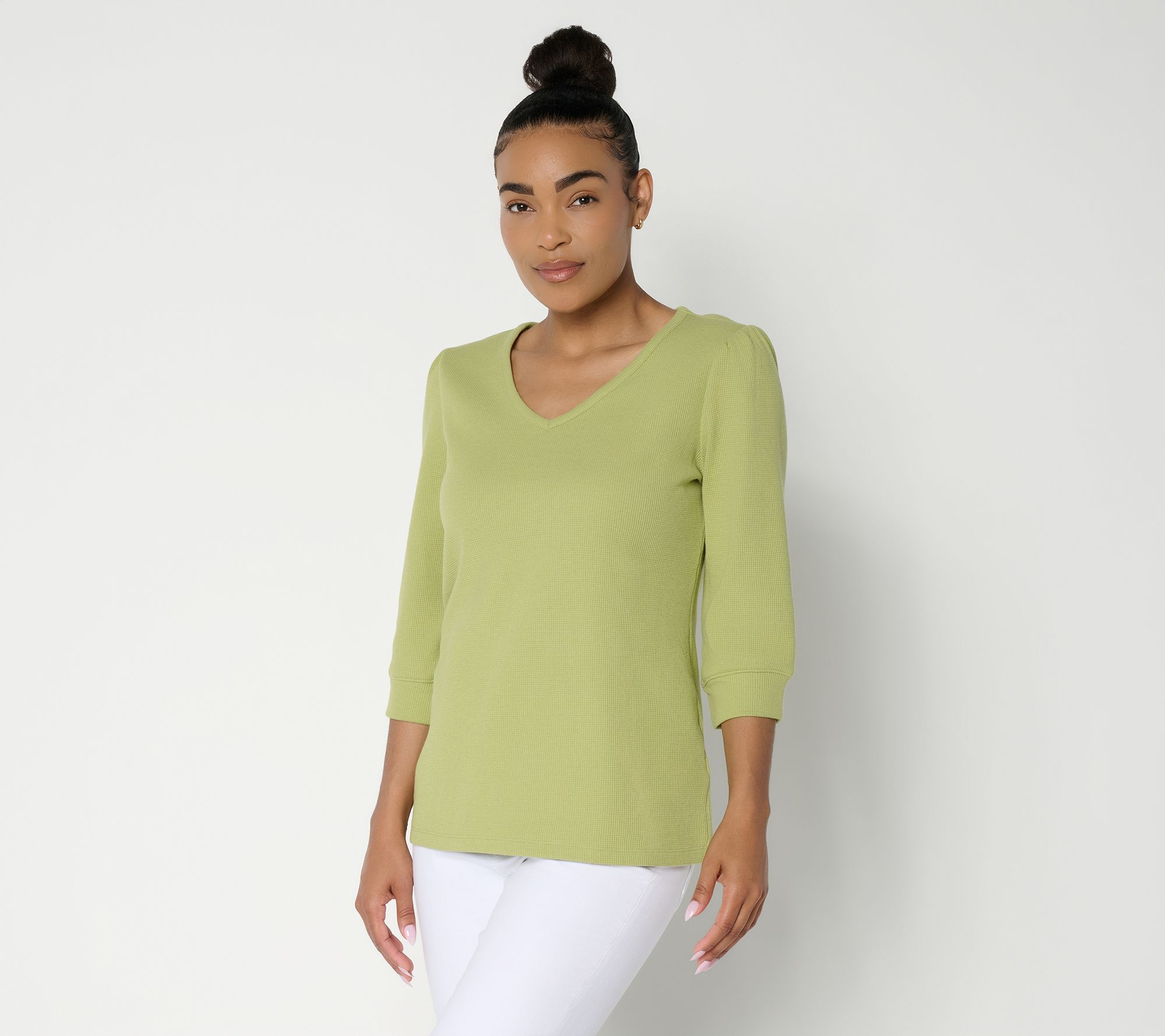 Denim & Co. Waffle Knit 3/4 Sleeve V-Neck Top with Cuffs