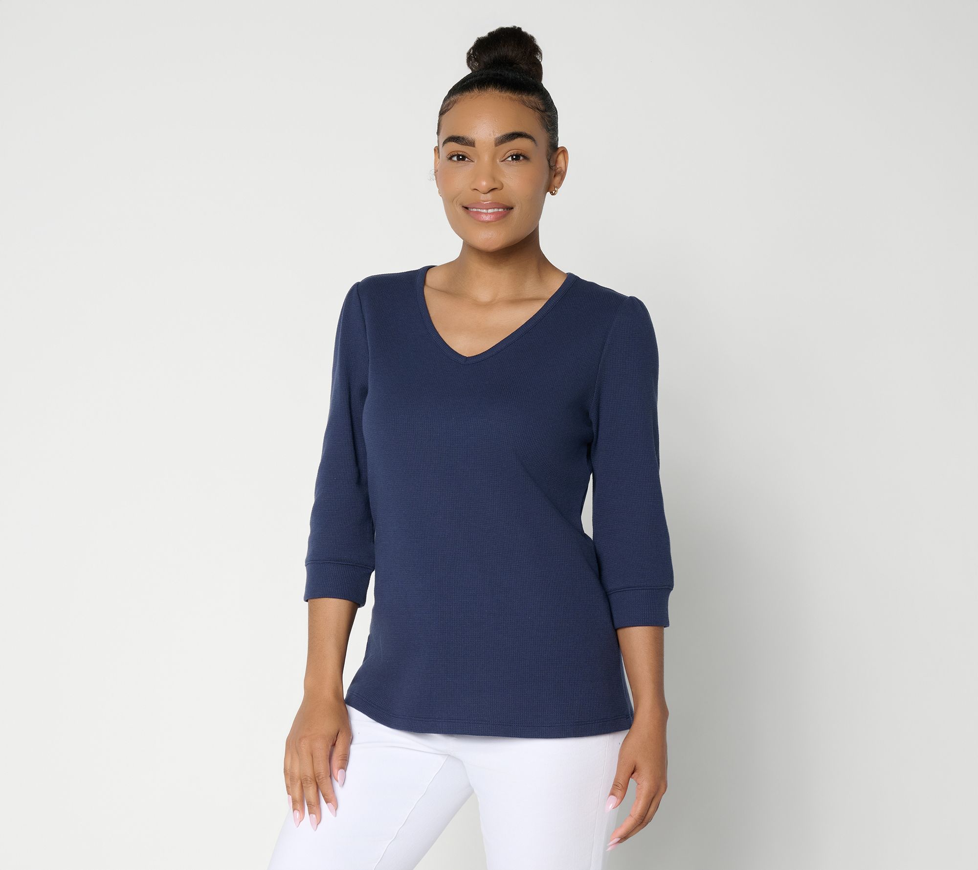 Denim & Co. Waffle Knit 3/4 Sleeve V-Neck Top with Cuffs