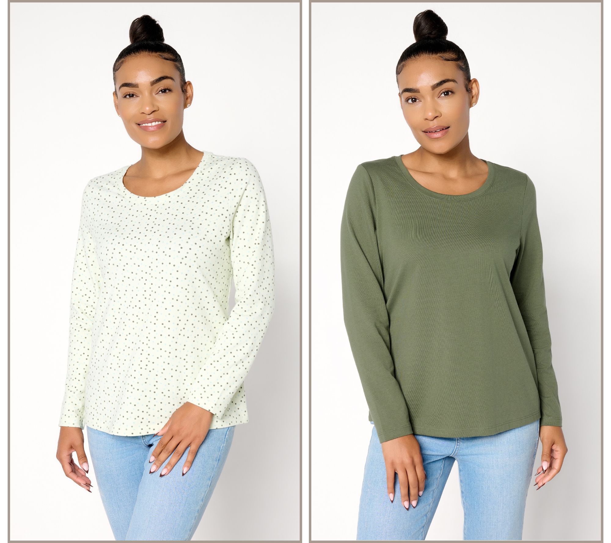 "As Is" Denim & Co. Essentials 2-Pack Perfect Jersey Print/SOlid Top