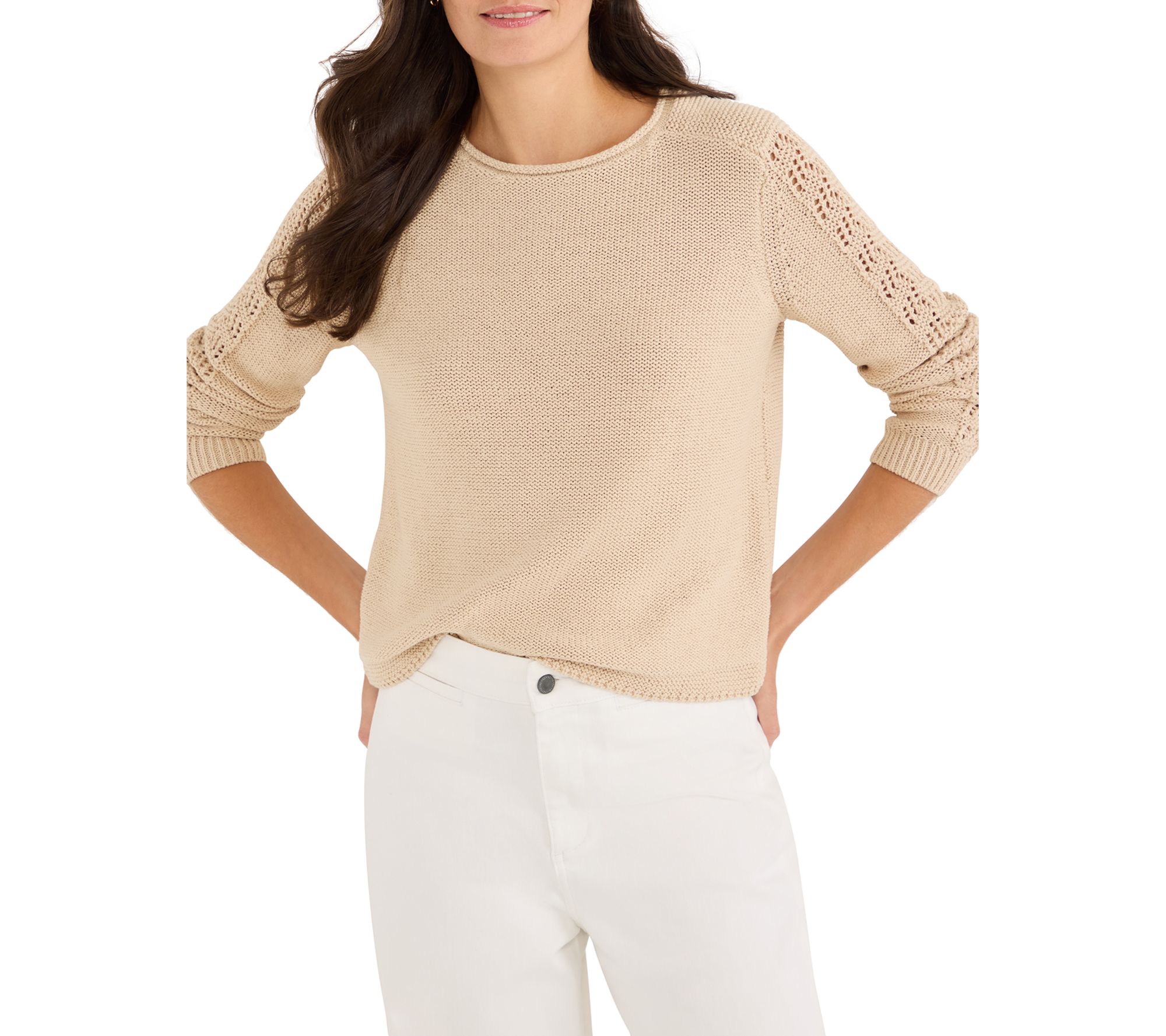 NIC+ZOE Crochet Sleeve Crimpy Cord Sweater
