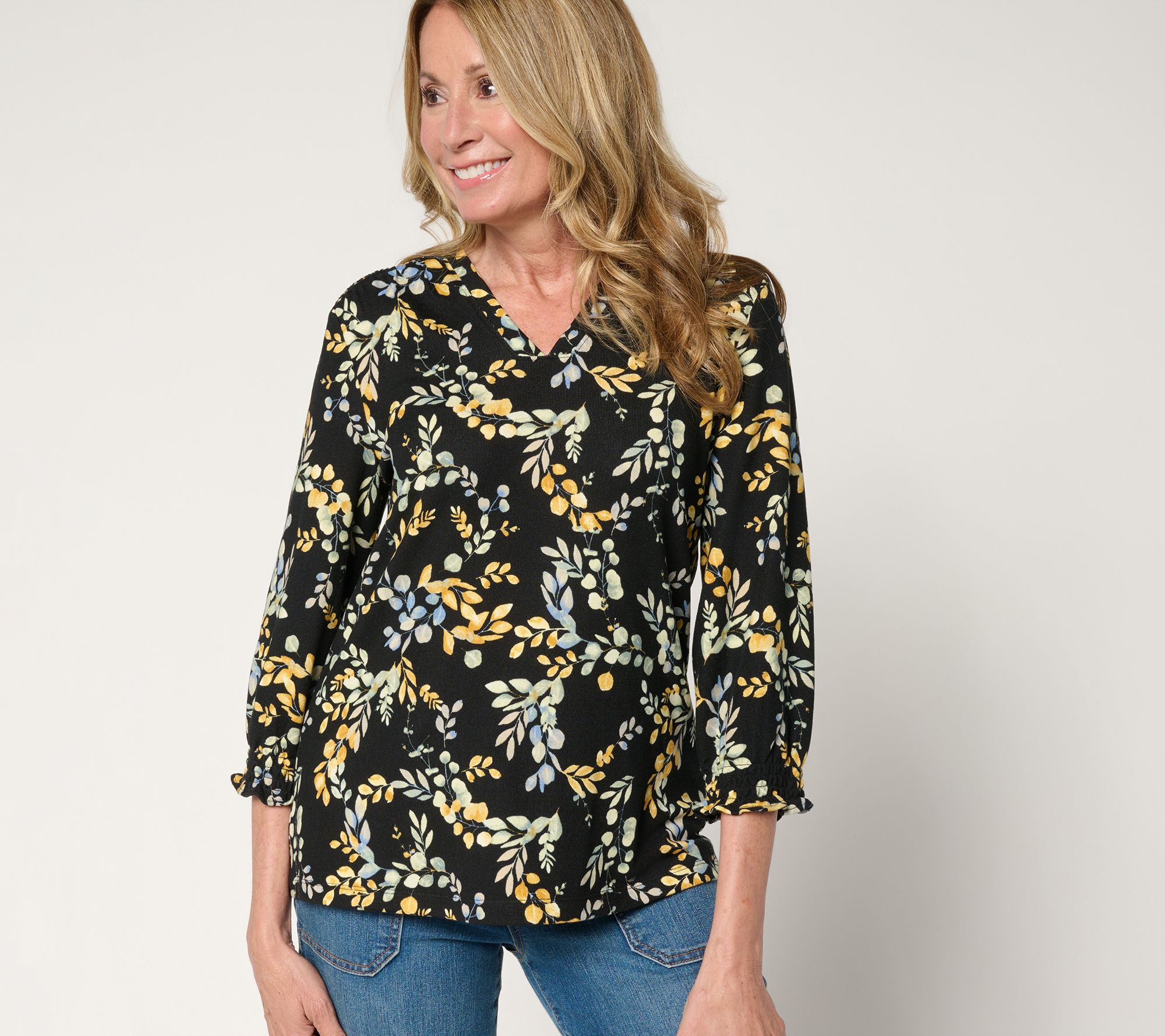 "As Is" Denim & Co. Printed Heavenly Jersey V-Neck Top