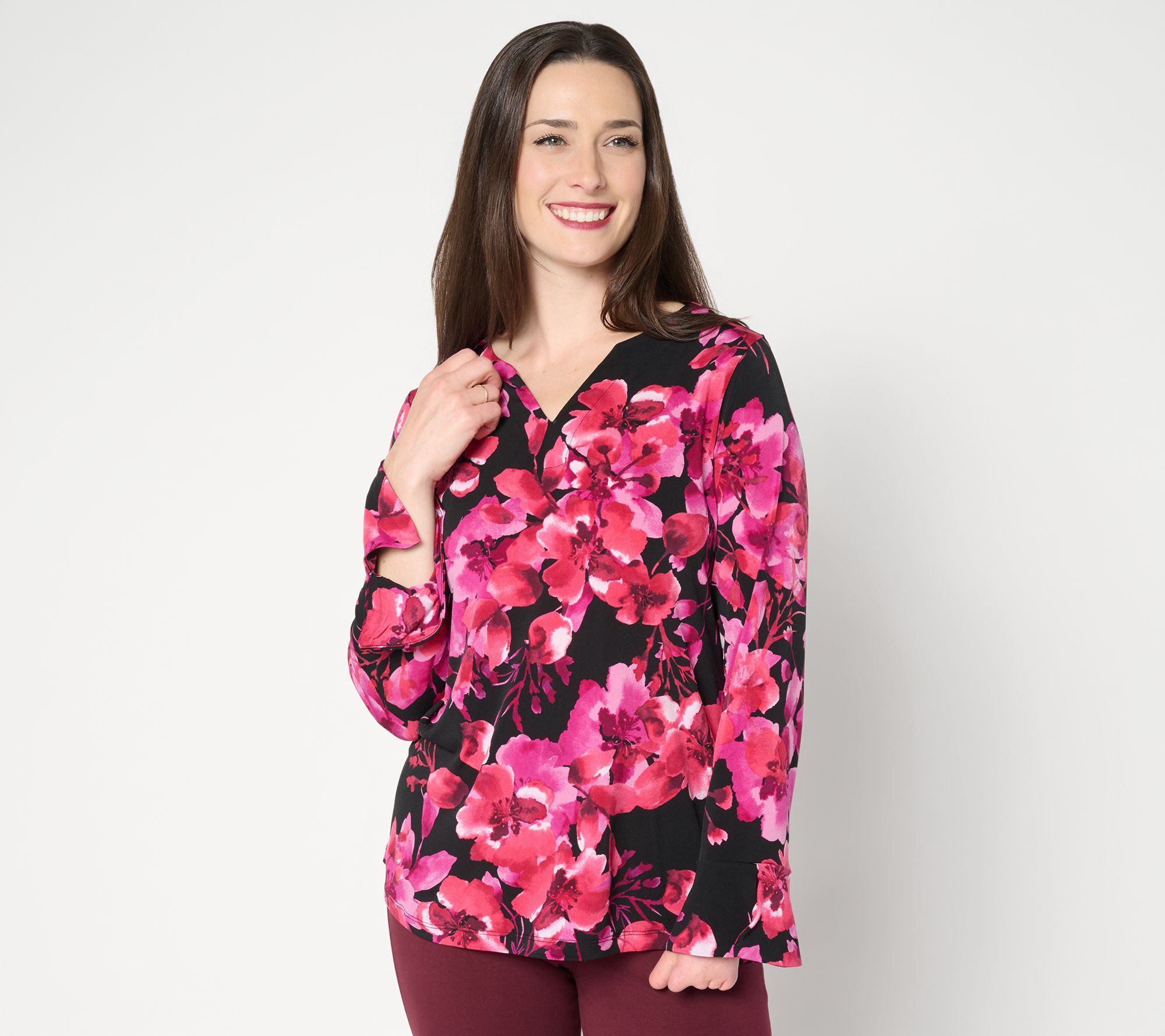 "As Is" Susan Graver Printed Liquid Knit Split Neck Top w/ Flounce