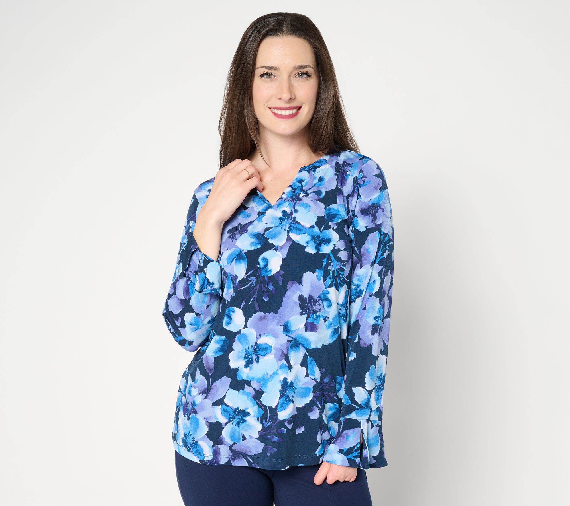 "As Is" Susan Graver Printed Liquid Knit Split Neck Top w/ Flounce