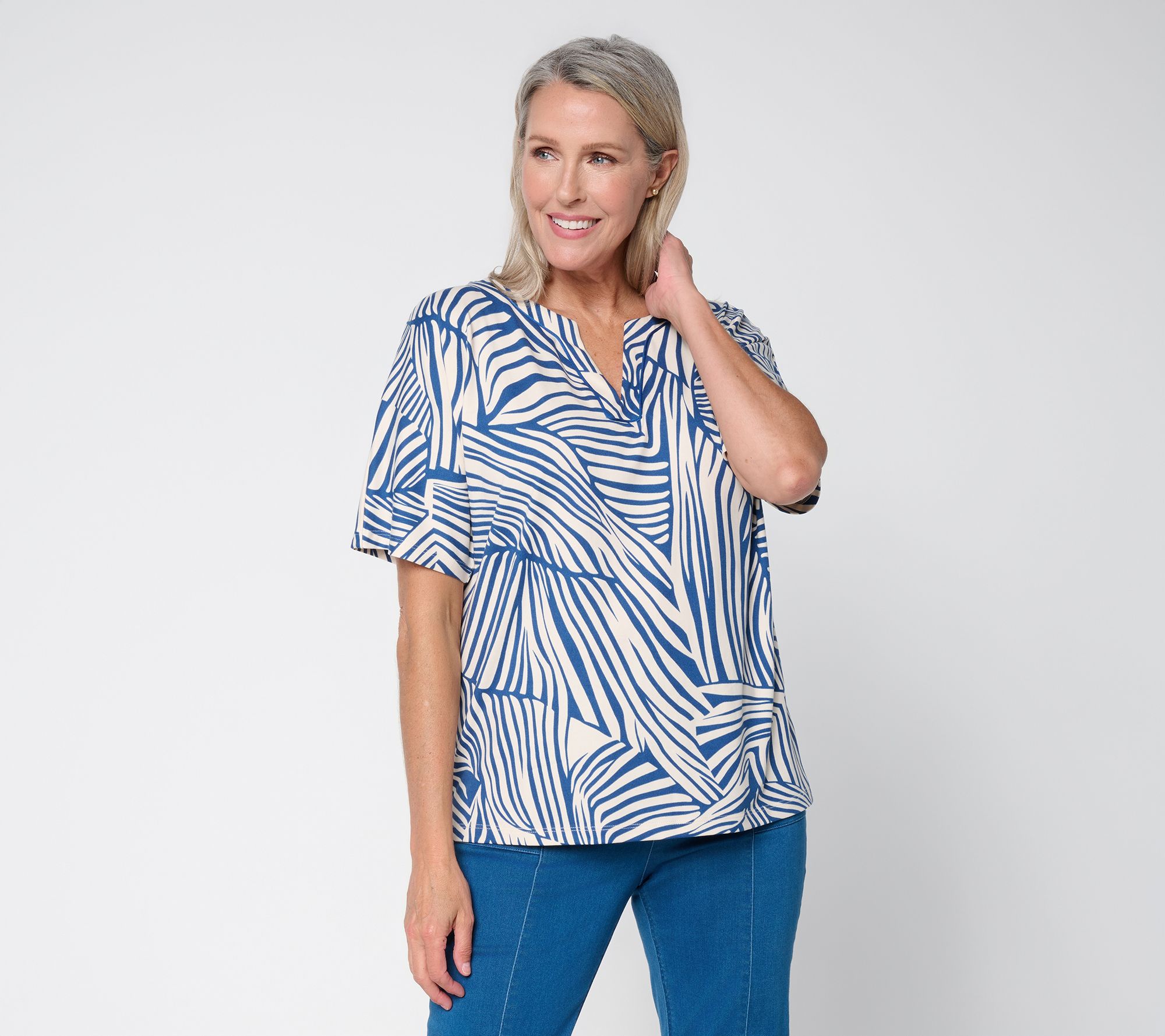  Susan Graver Printed Brushed Liquid Knit Extended Slv Split-Neck Top