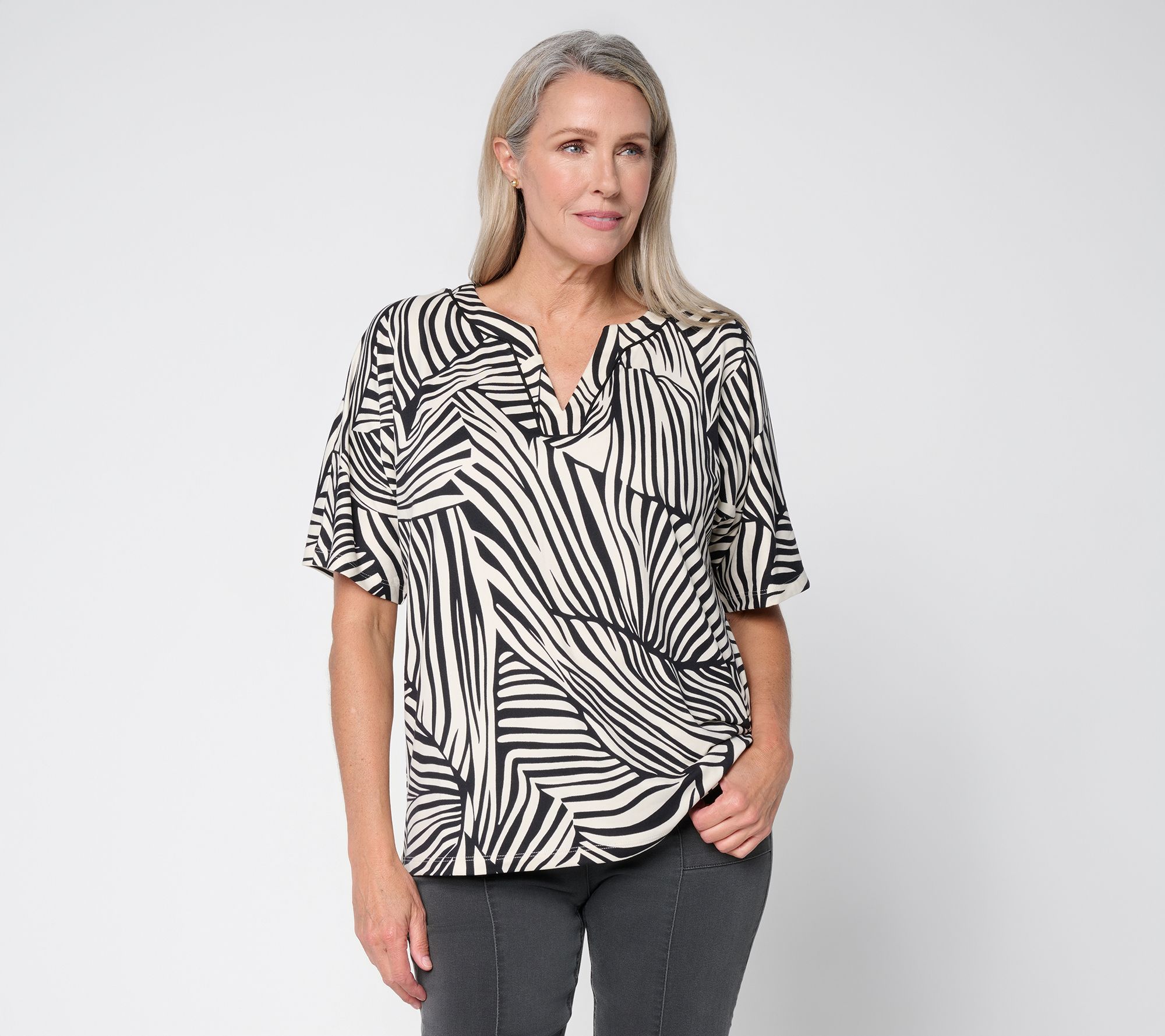 Susan Graver Printed Brushed Liquid Knit Extended Slv Split-Neck Top