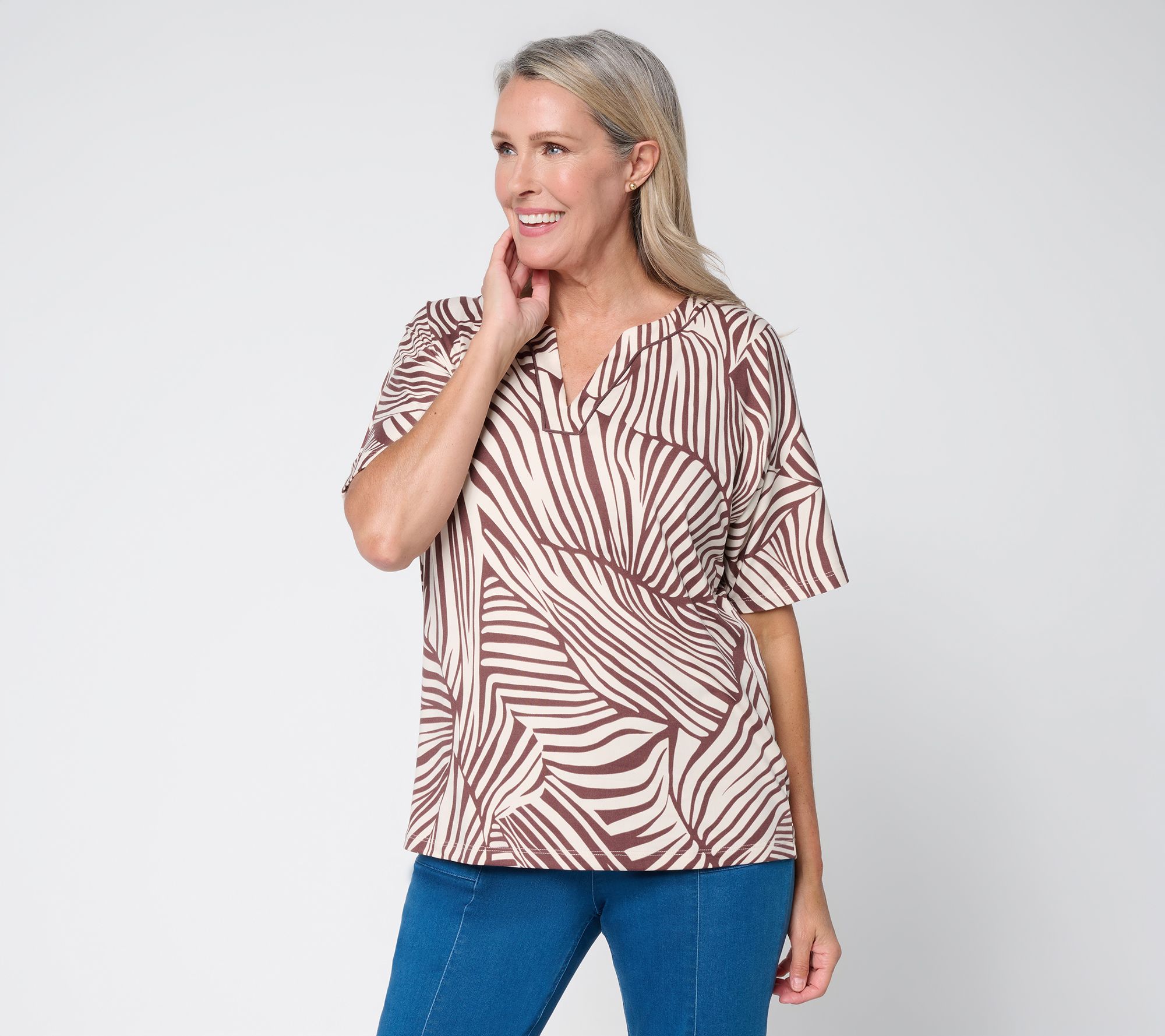 Susan Graver Printed Brushed Liquid Knit Extended Slv Split-Neck Top