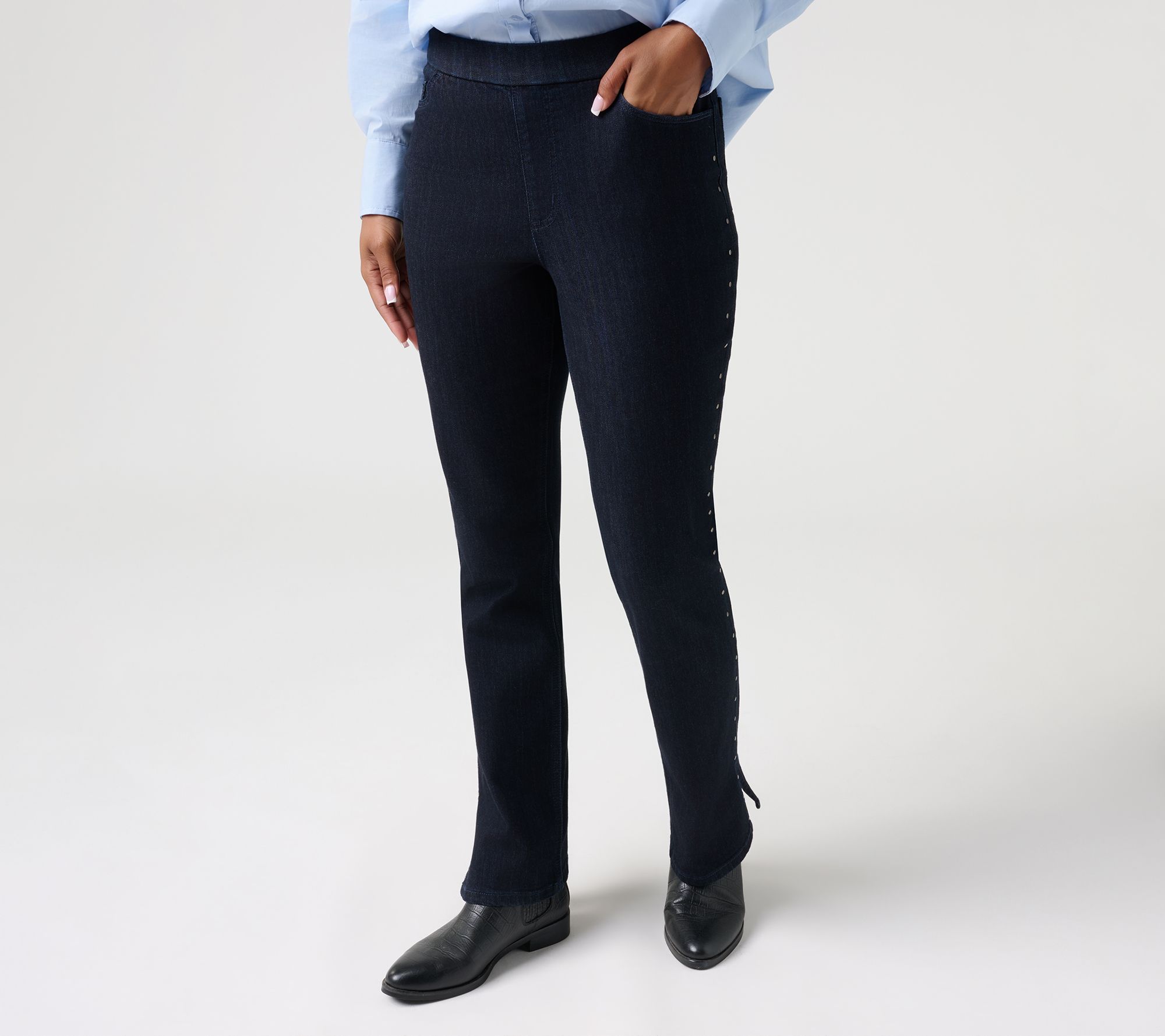 Susan Graver Regular Boot Cut Studded Detail Jeans
