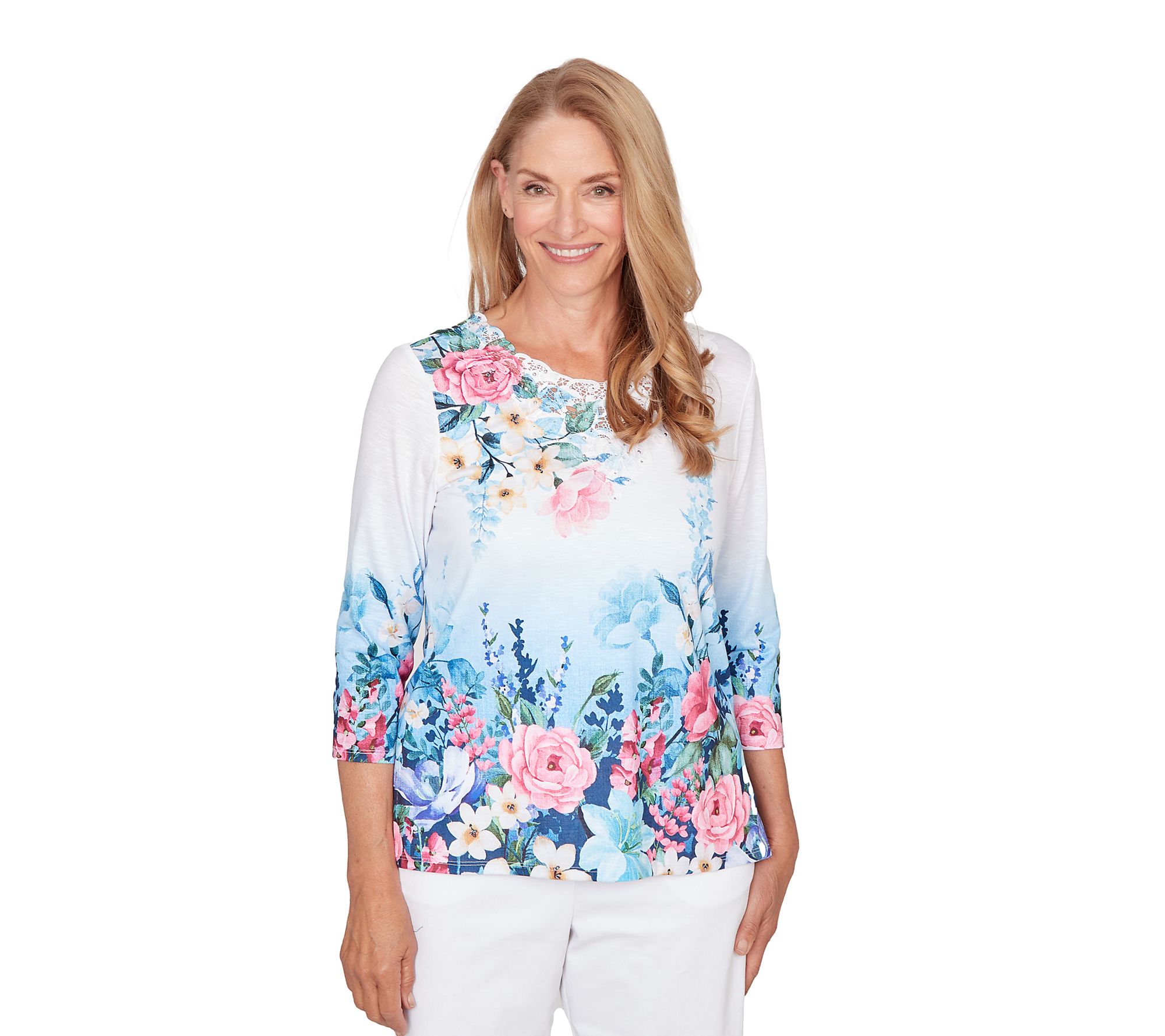 Alfred Dunner Women's Ombre Border Floral LaceTop