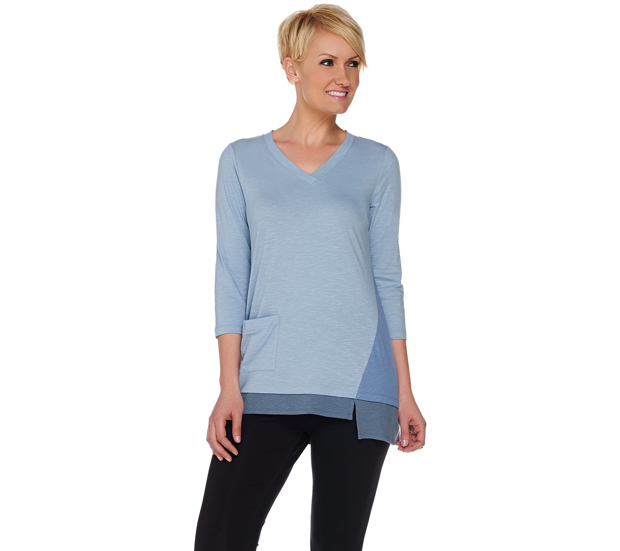 LOGO by Lori Goldstein Petite Color-Block Top with Ribbed Hem - QVC.com