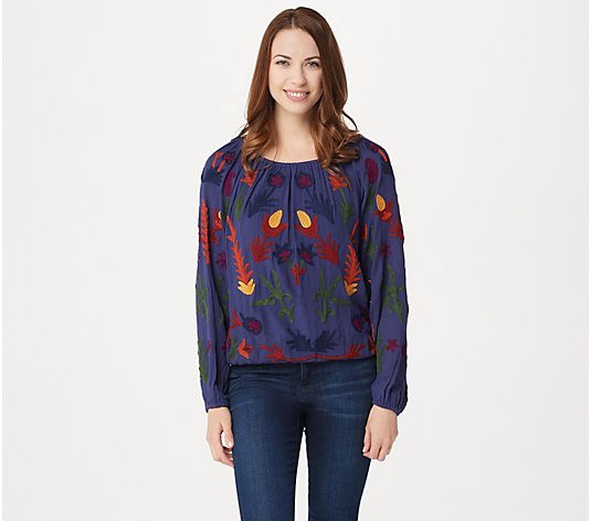 Laurie Felt Embroidered Boho Style Round Neck Blouse