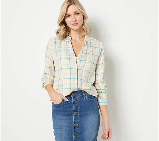 Joan Rivers Long Sleeve Plaid Shirt with Side Buttons