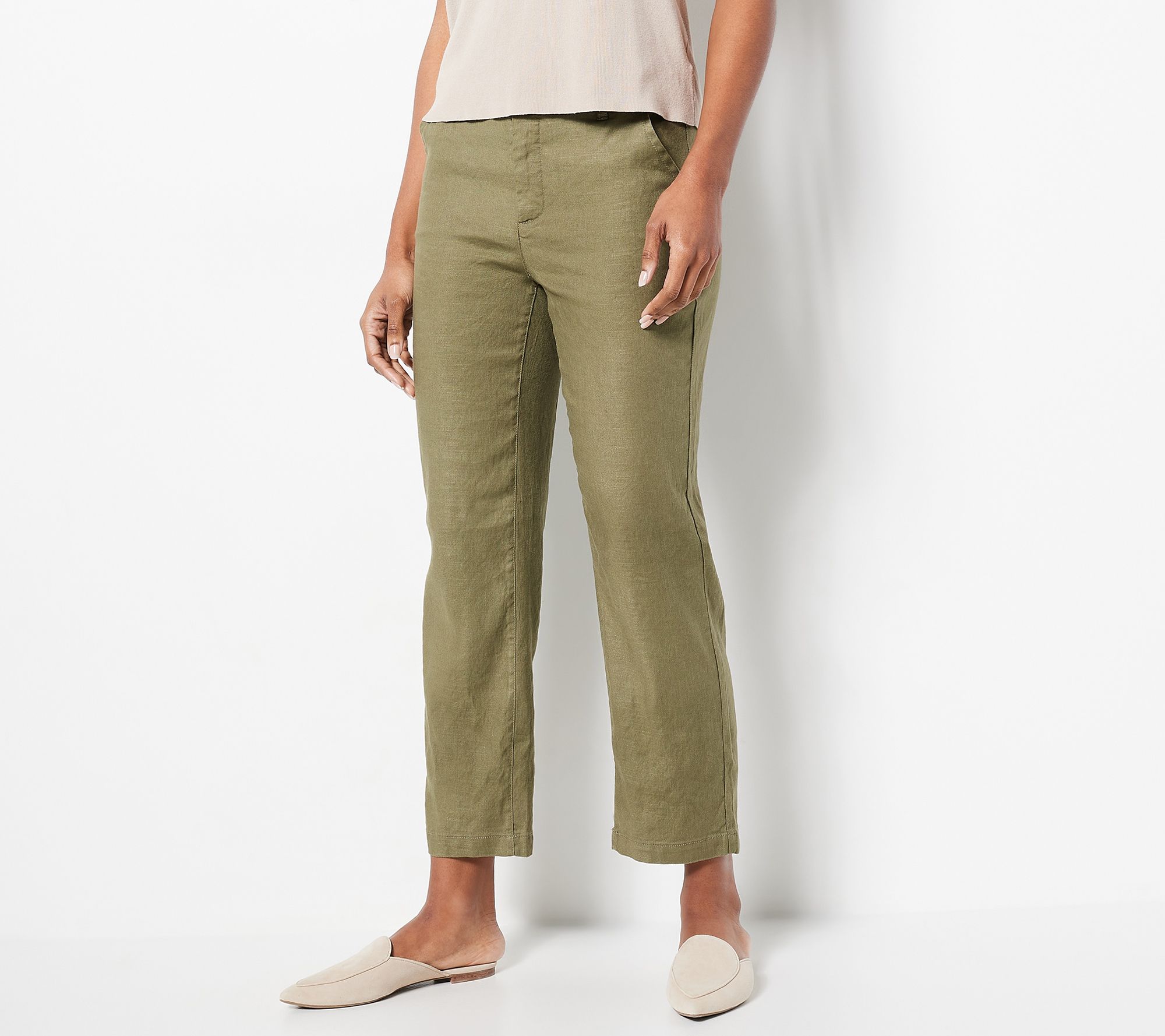 NYDJ Marilyn Straight Stretch Linen Trousers- Moss