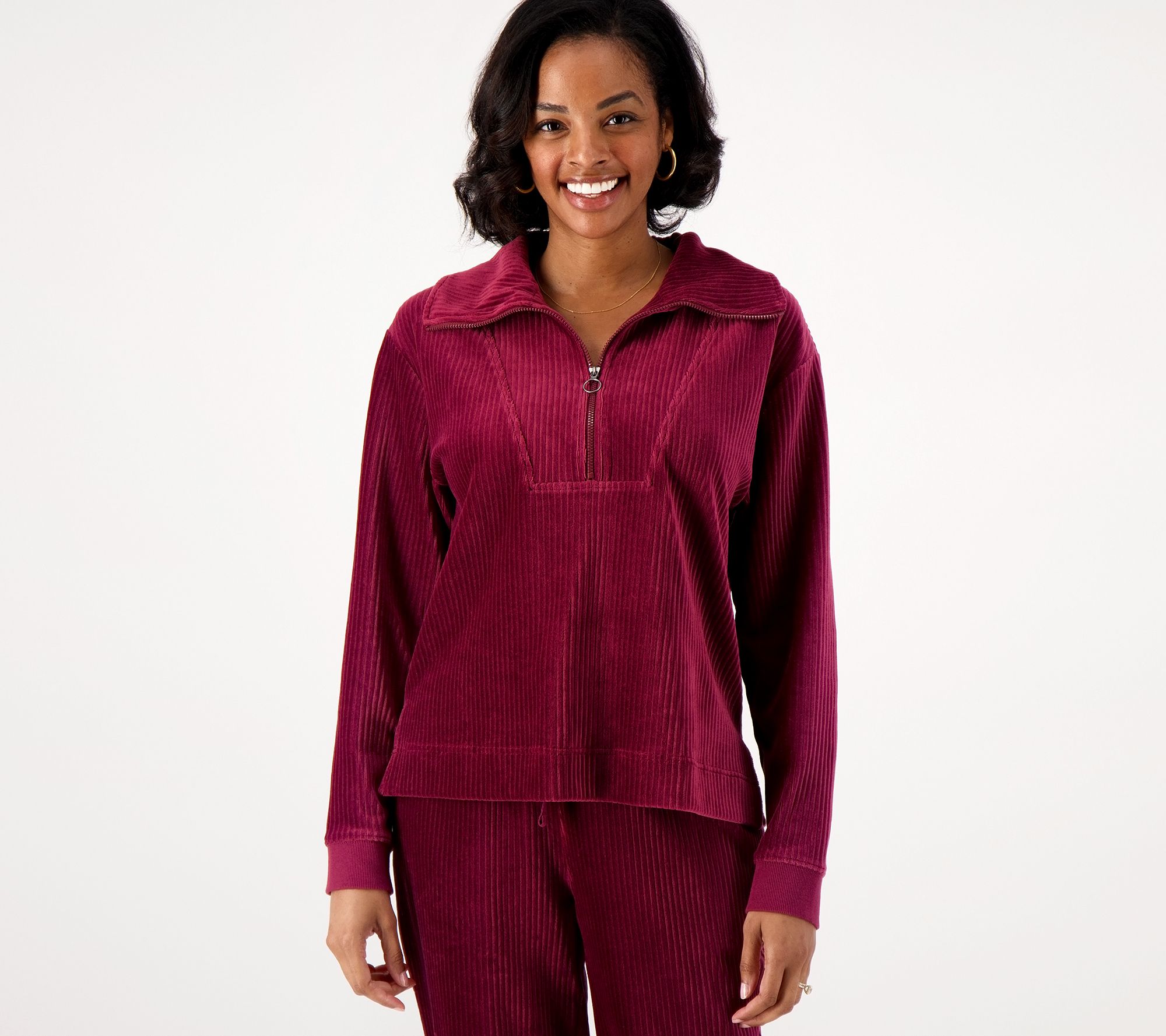 Encore by Idina Menzel Half-Zip Corded Velour Mock Neck Top