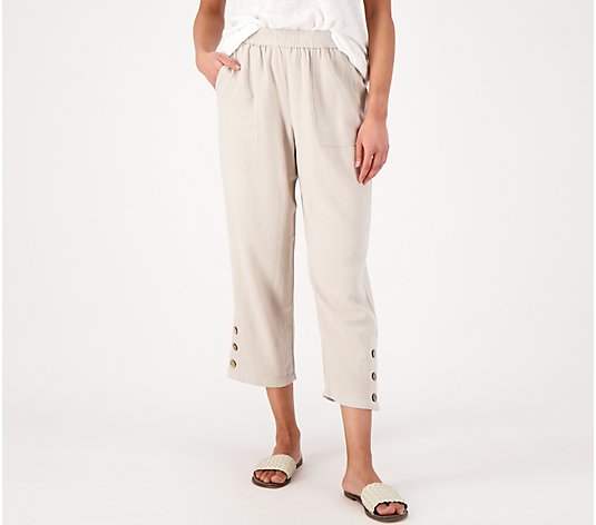 Susan Graver Reg PURE Linen Blend Pull-On Crop Pants w/ Button Detail