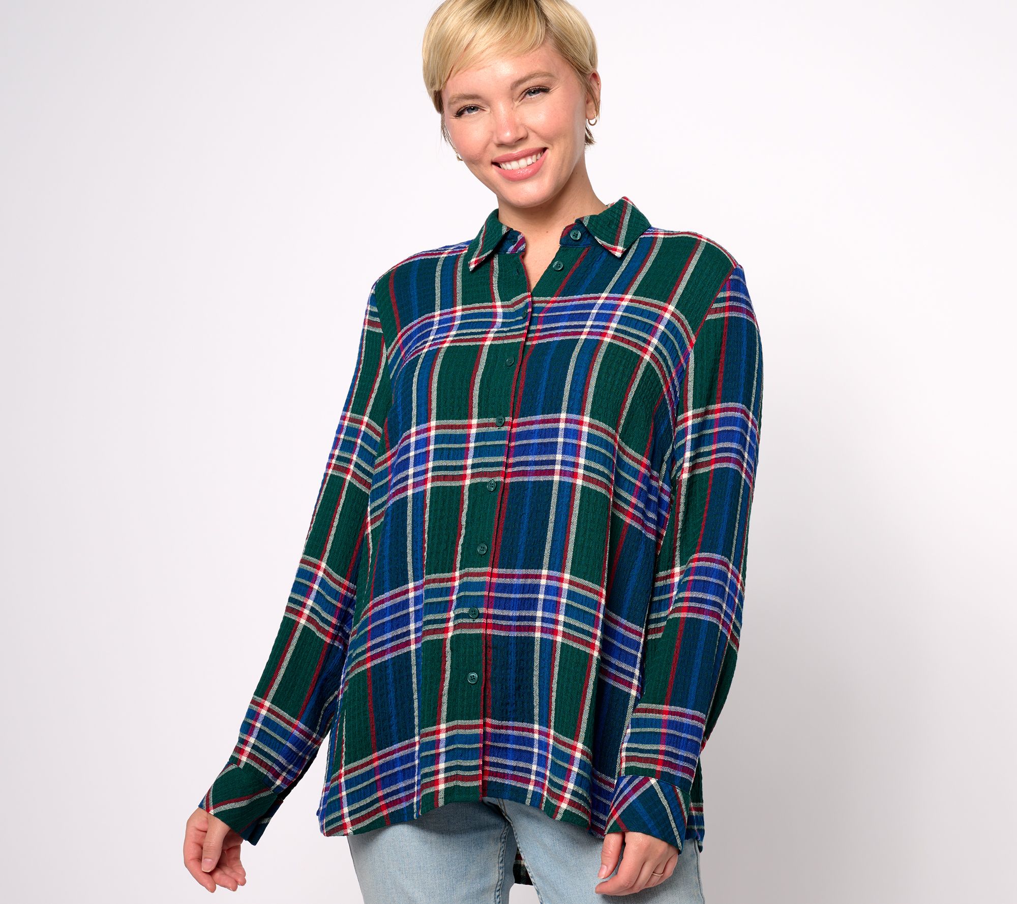 Denim & Co. Waffle Weave Regular Button Front Plaid Shirt