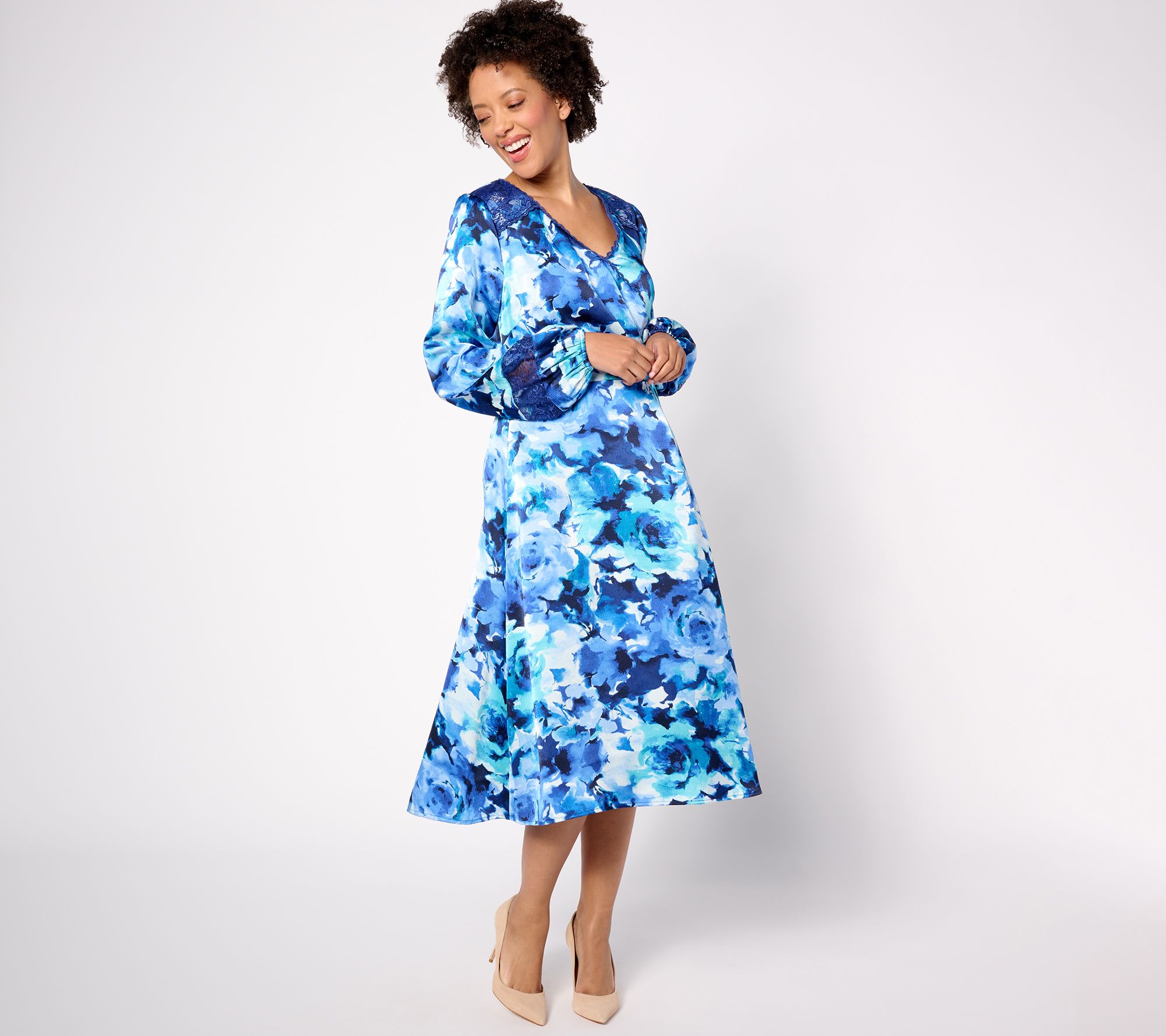 Isaac Mizrahi Live! Regular Floral Printed Ruched Long Sleeve Dress