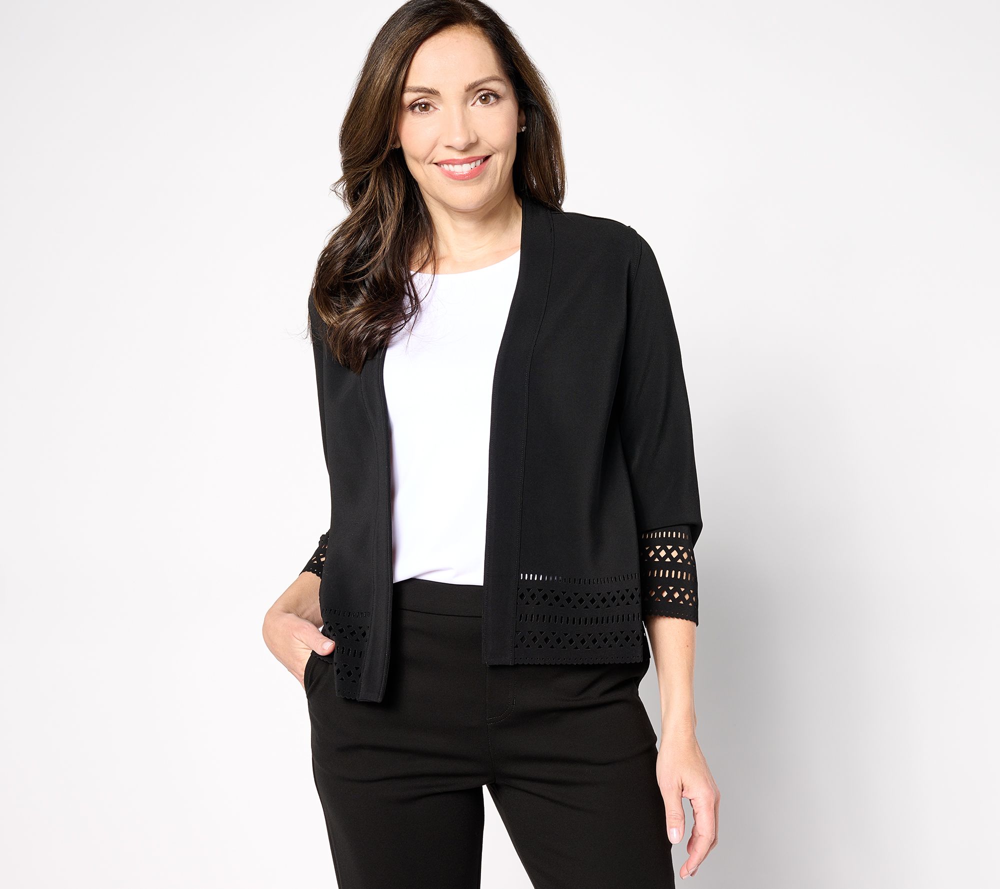 Susan Graver LK Fusion Open Front Cardigan with Laser-Cut Border