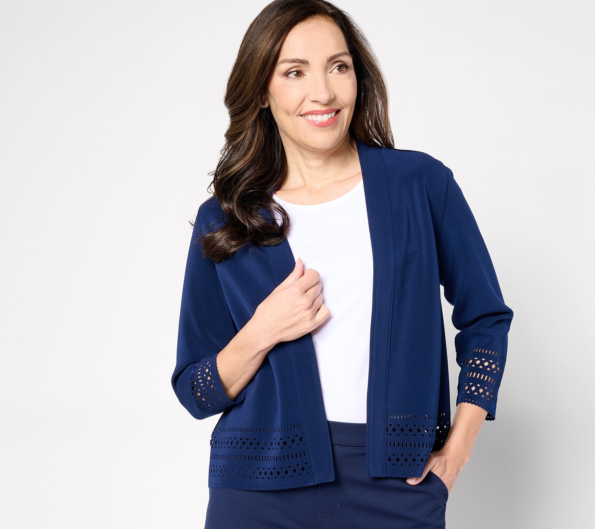 Susan Graver LK Fusion Open Front Cardigan with Laser-Cut Border