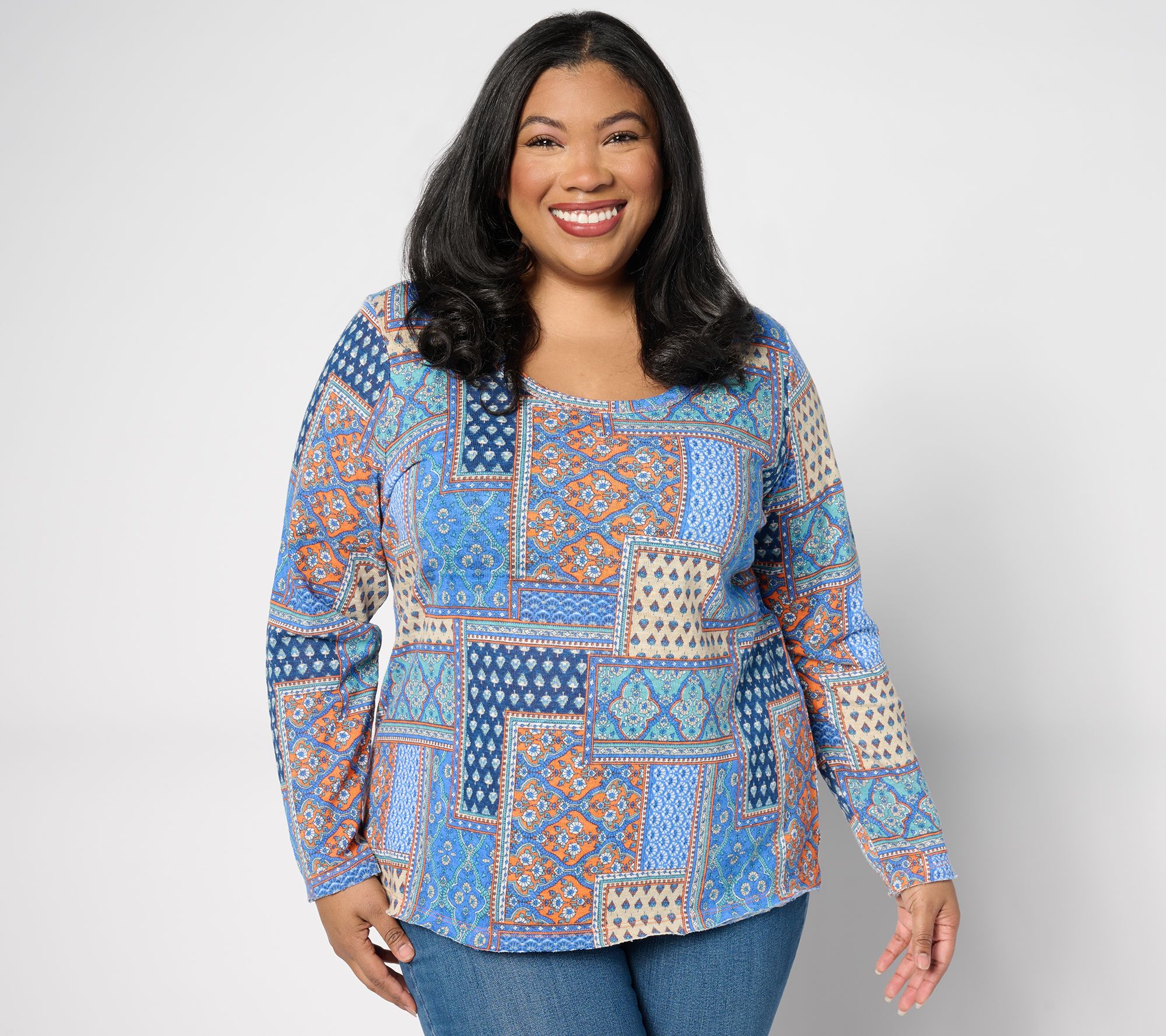 Denim & Co. Canyon Retreat Long Sleeve Printed Scoop Neck Top