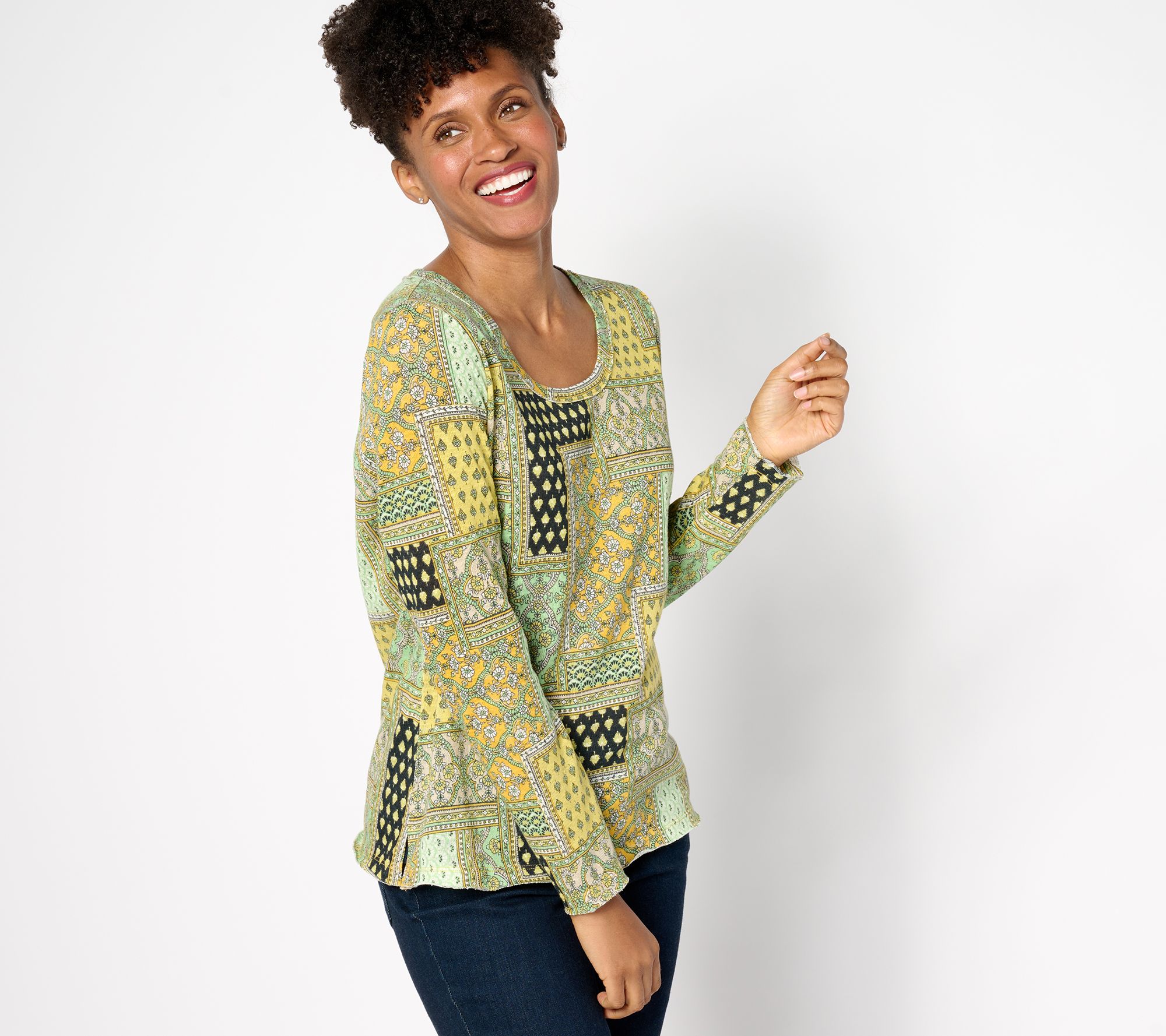 Denim & Co. Canyon Retreat Long Sleeve Printed Scoop Neck Top