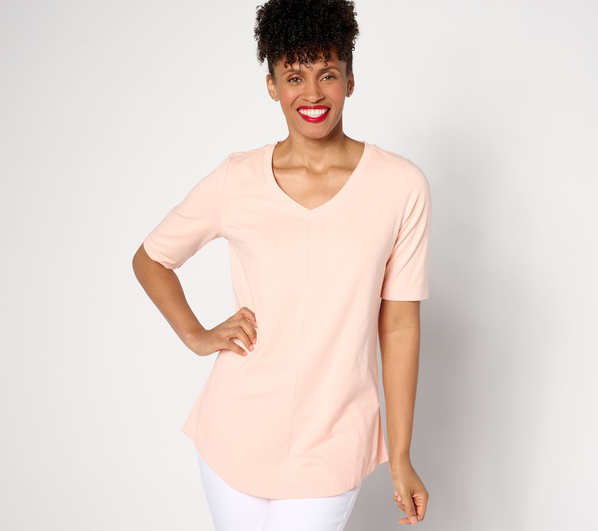 Denim & Co. Essentials Jersey V-Neck Short Sleeve Swing Tunic