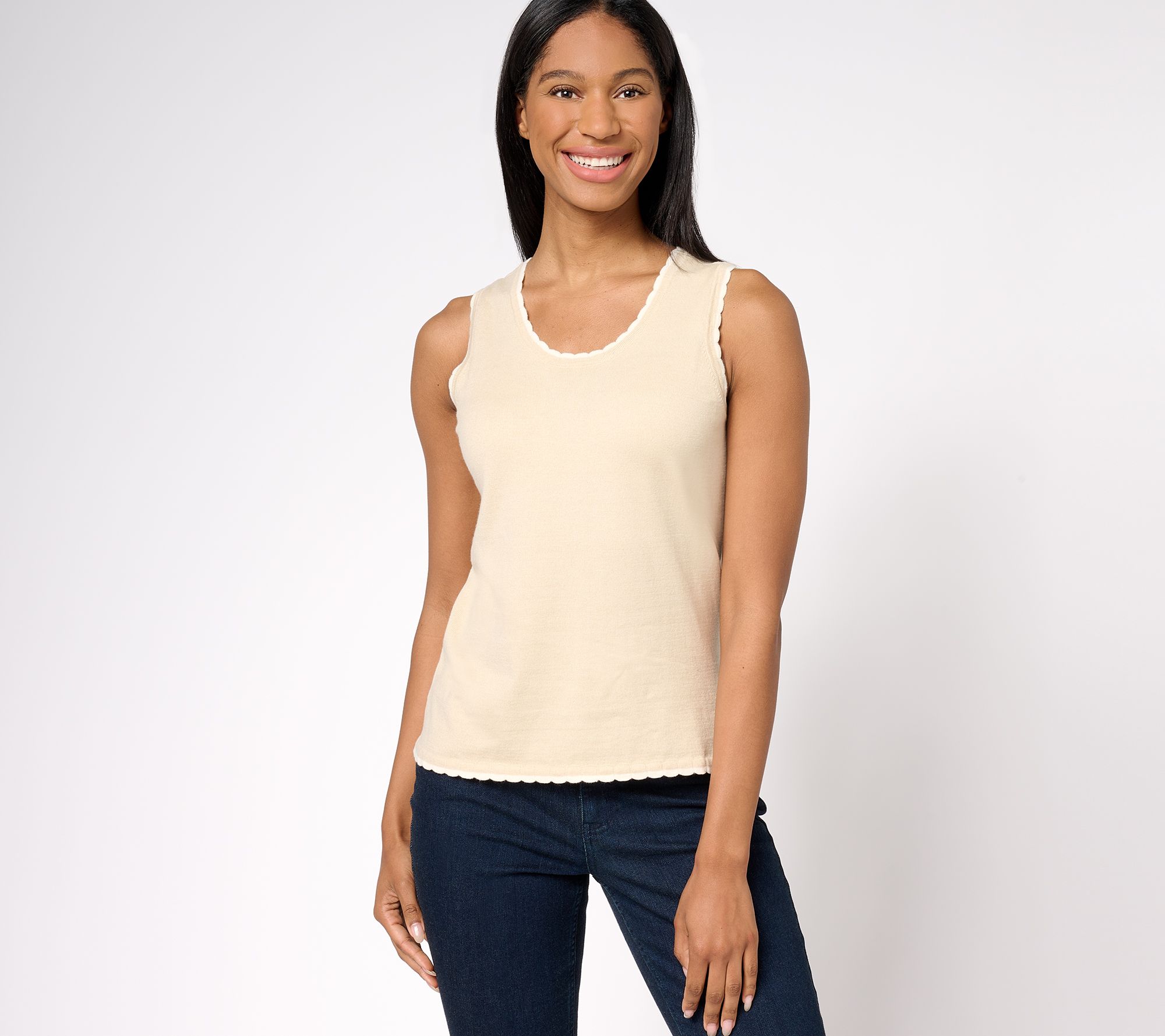 "As Is" Isaac Mizrahi Live! Pointelle Tank with Scallop Trim