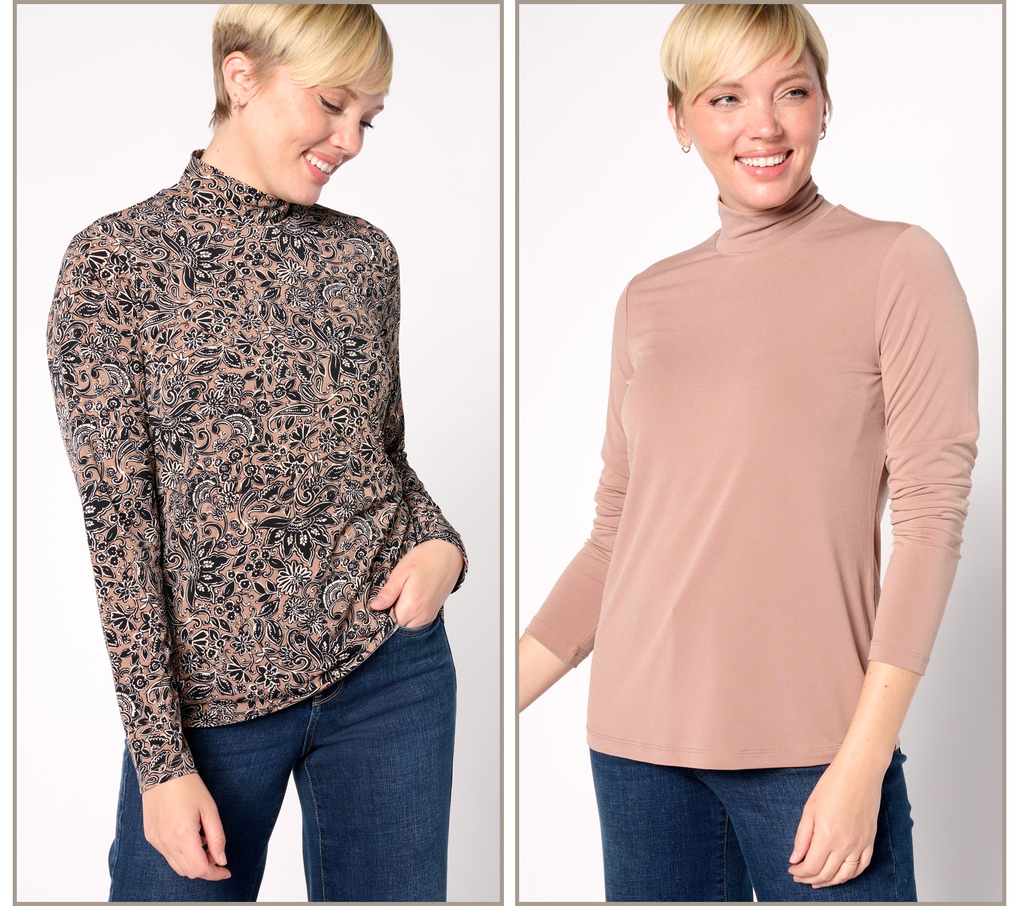 "As Is" Susan Graver Print and Solid Liquid Knit Set/2 Tops