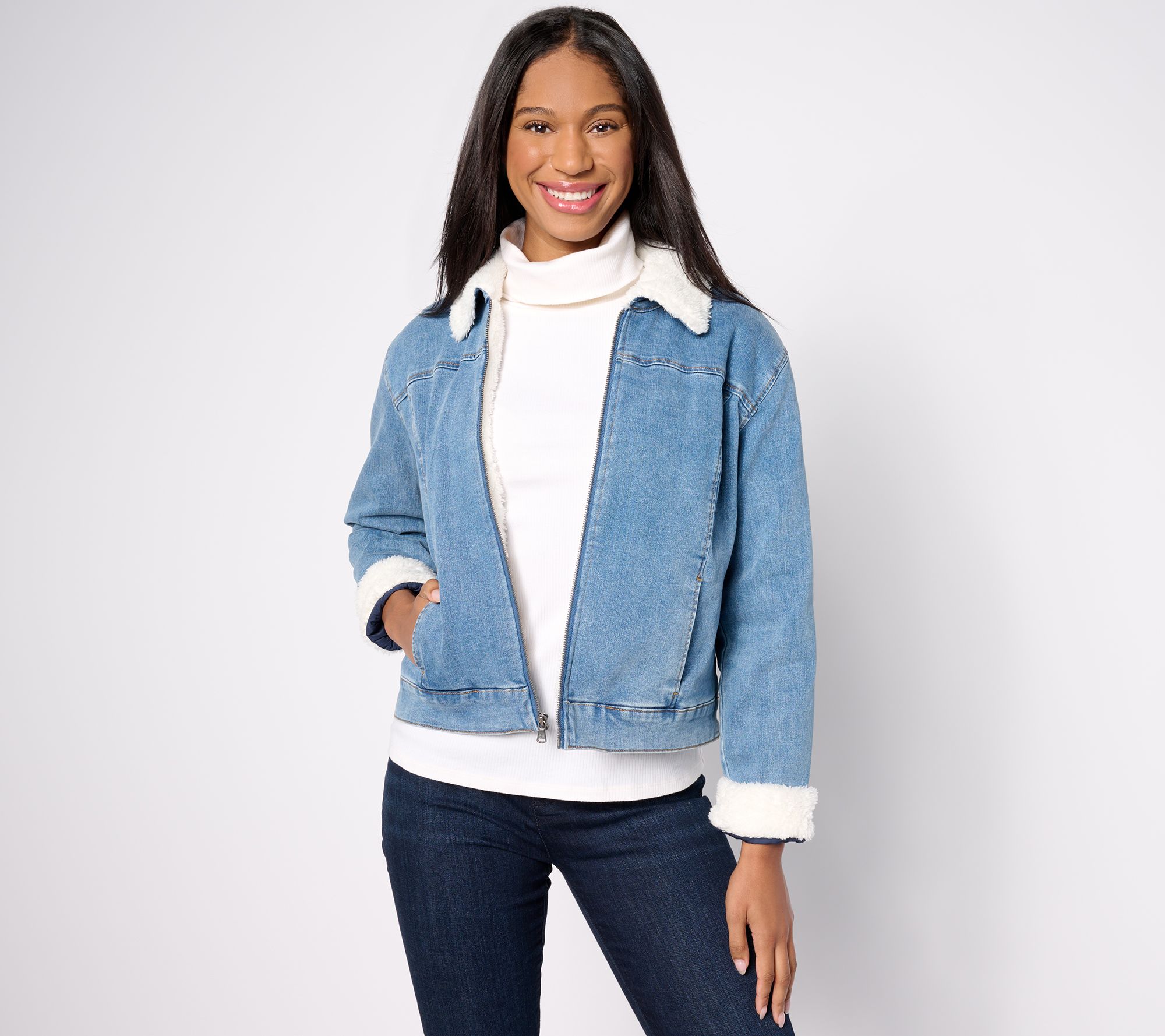 "As Is" Isaac Mizrahi Live! Indigo Denim Jacket with Faux Shearling