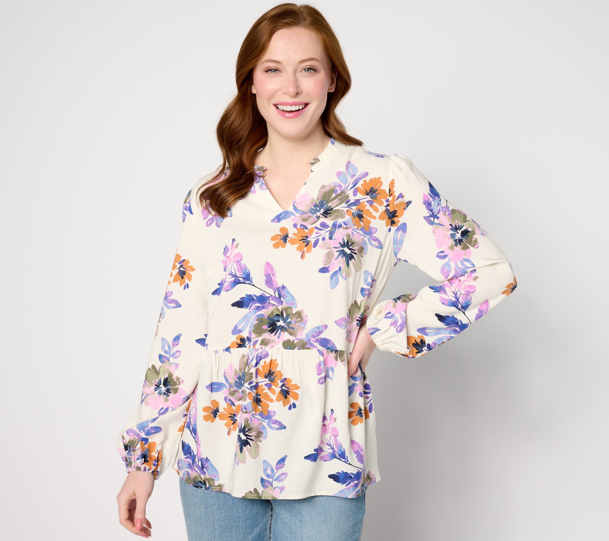 "As Is" Denim & Co. Printed Blouse with Smocked Cuff