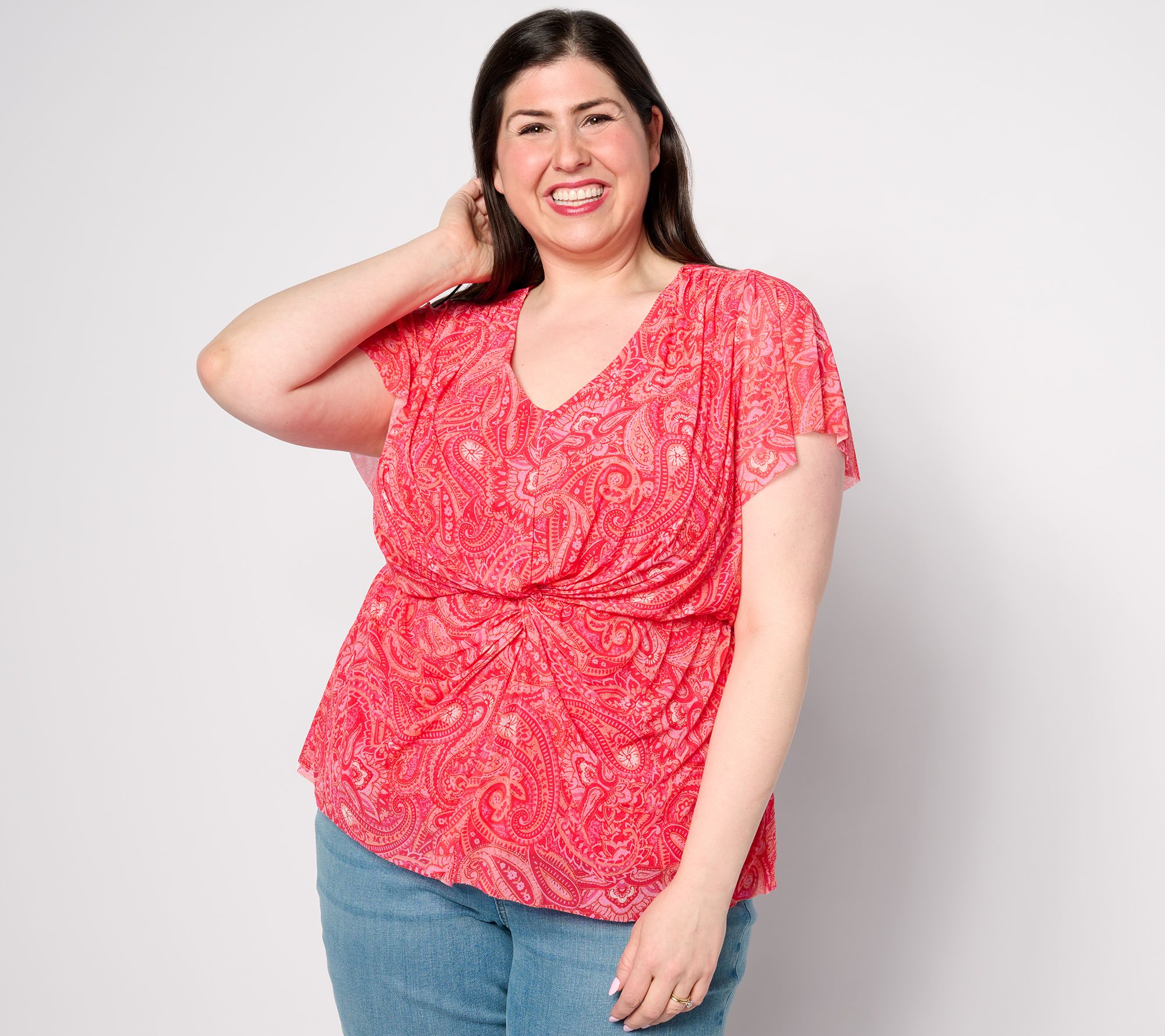 "As Is" Isaac Mizrahi Live! Always Isaac Stretch Mesh Printed Top