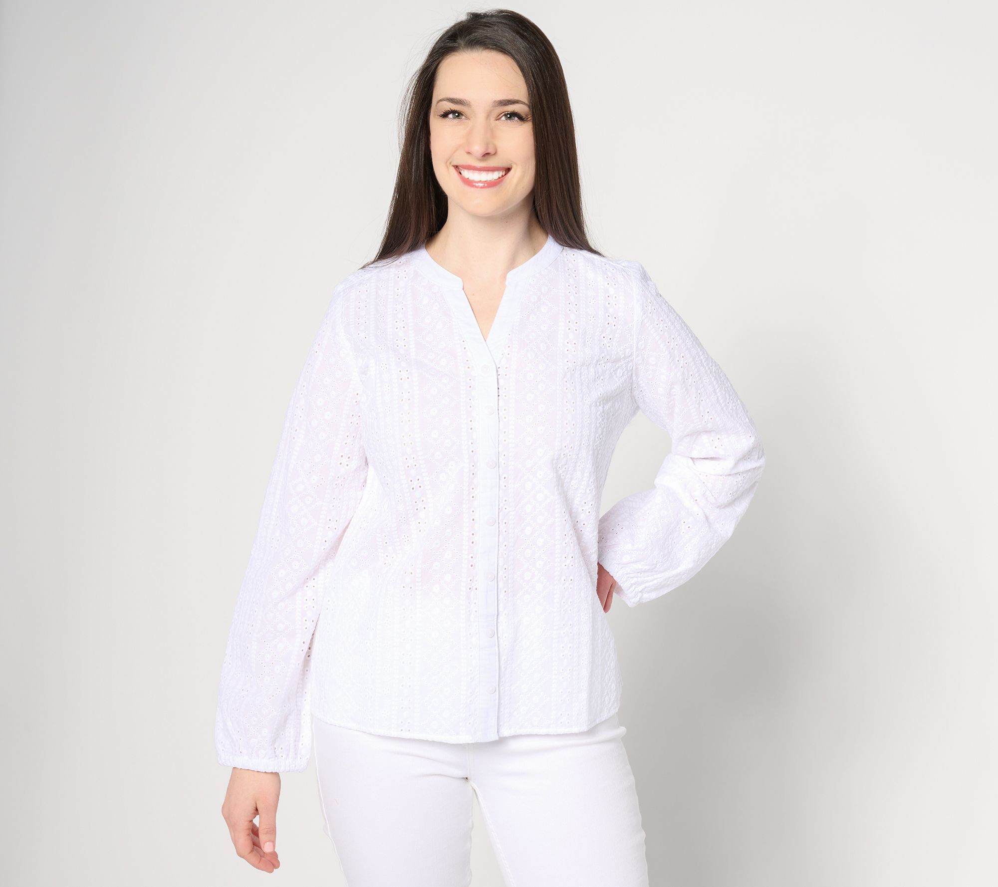 "As Is" Denim & Co. Adaptaive Cotton Eyelet Button Down Shirt