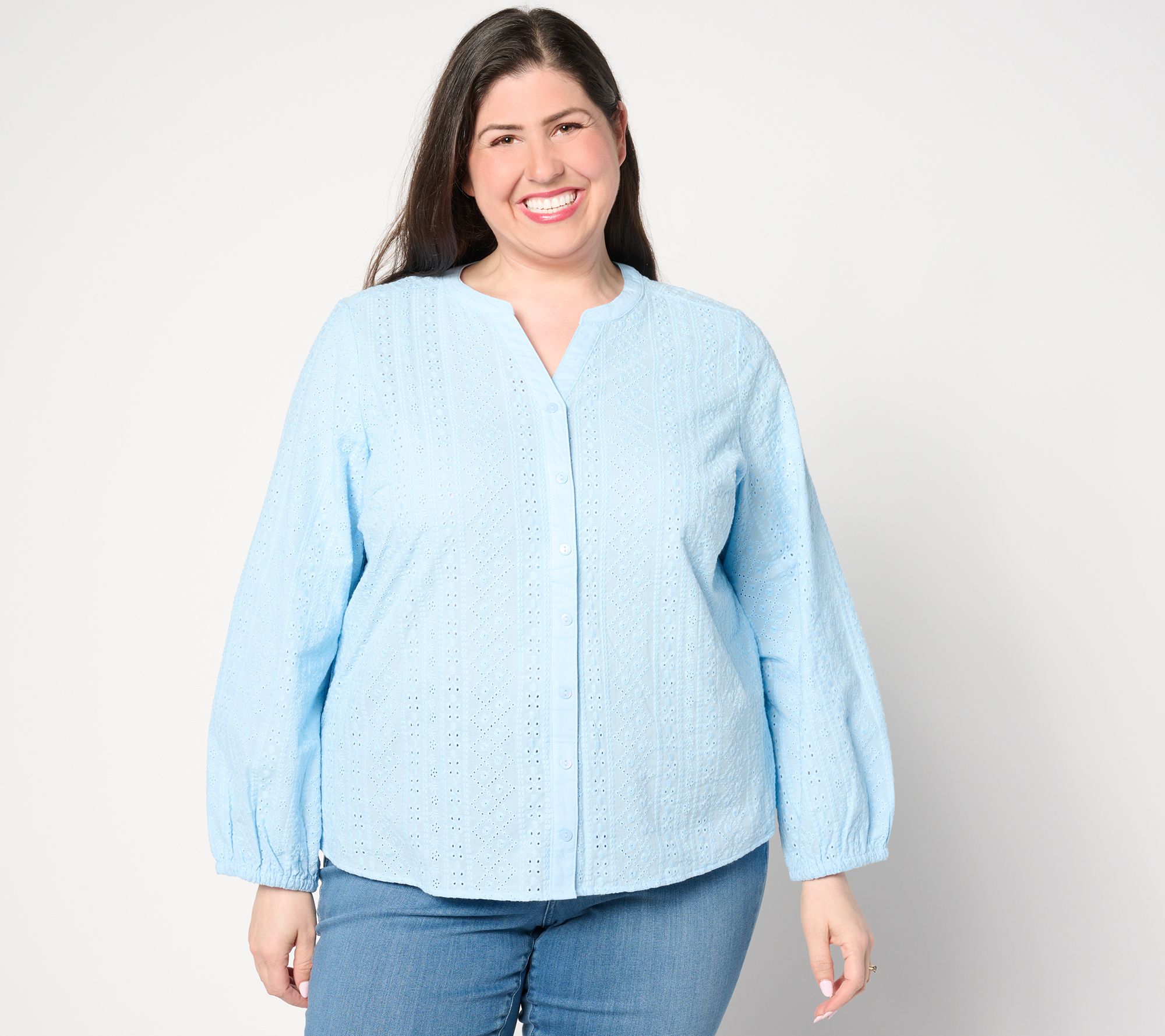 "As Is" Denim & Co. Adaptaive Cotton Eyelet Button Down Shirt