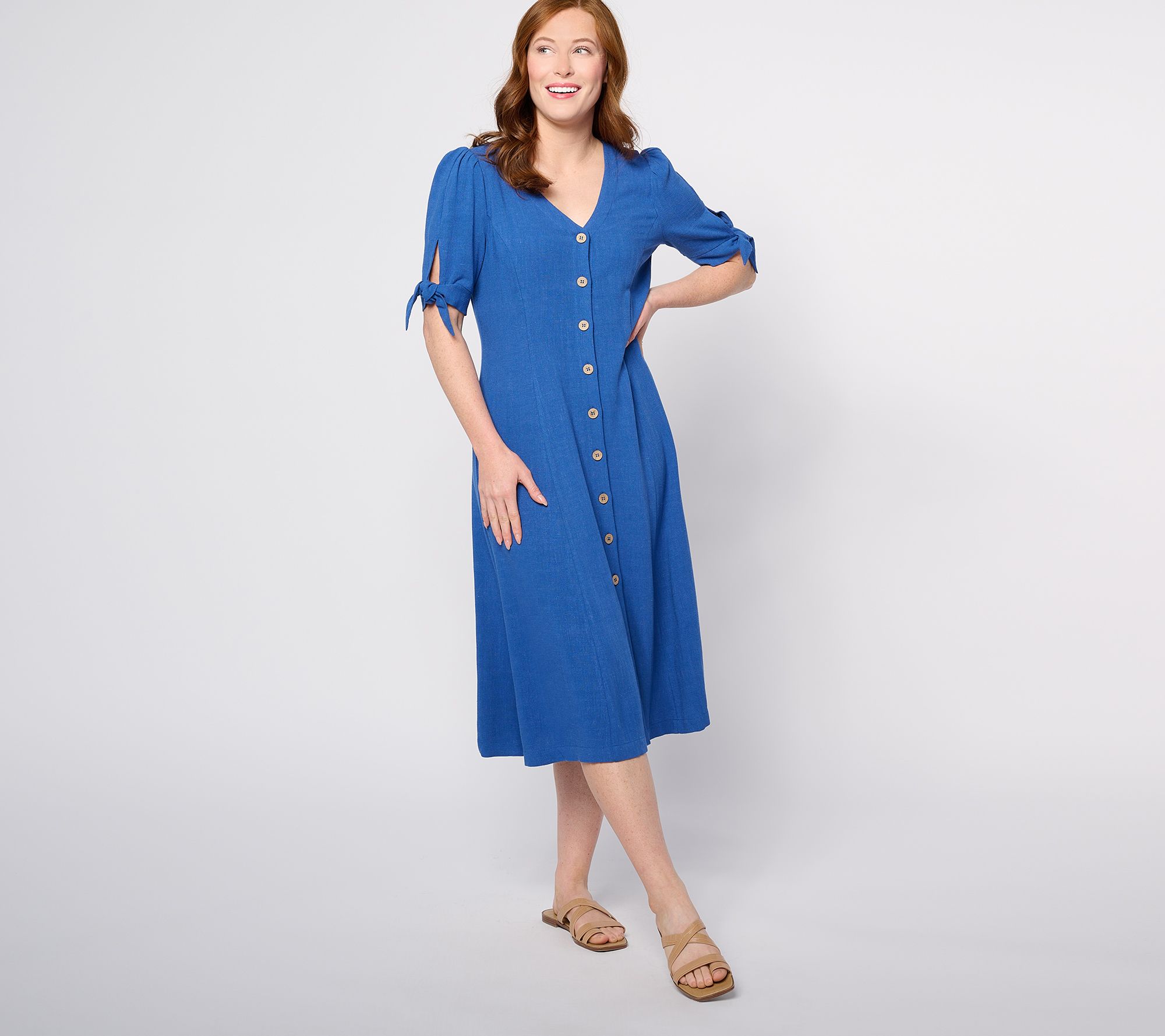 "As Is" Susan Graver PURE Petite Linen Blend Tie Sleeve Dress