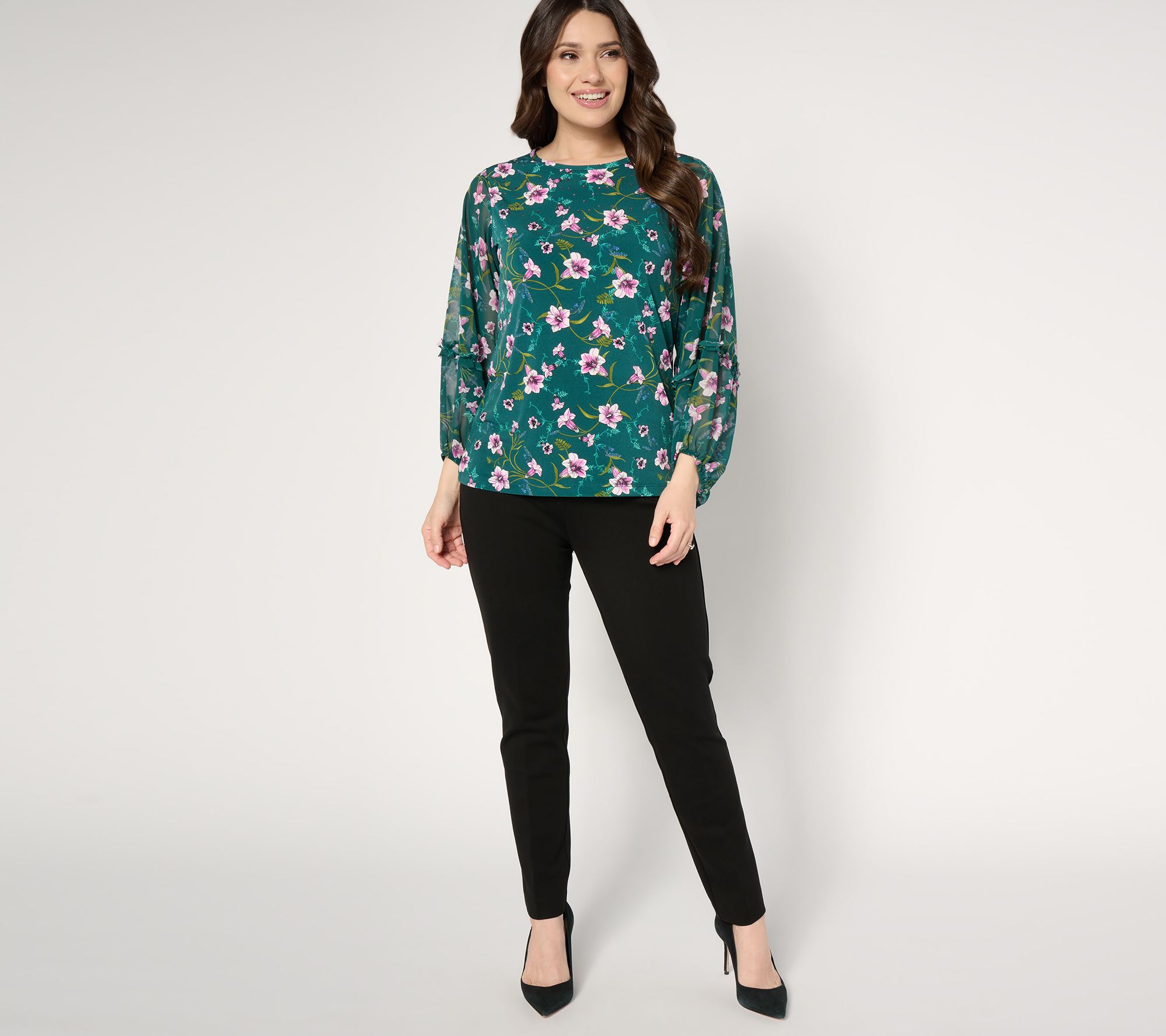 NEWS - スーザン Susan Graver Printed Liquid Knit Scoop-Neck Top with Woven