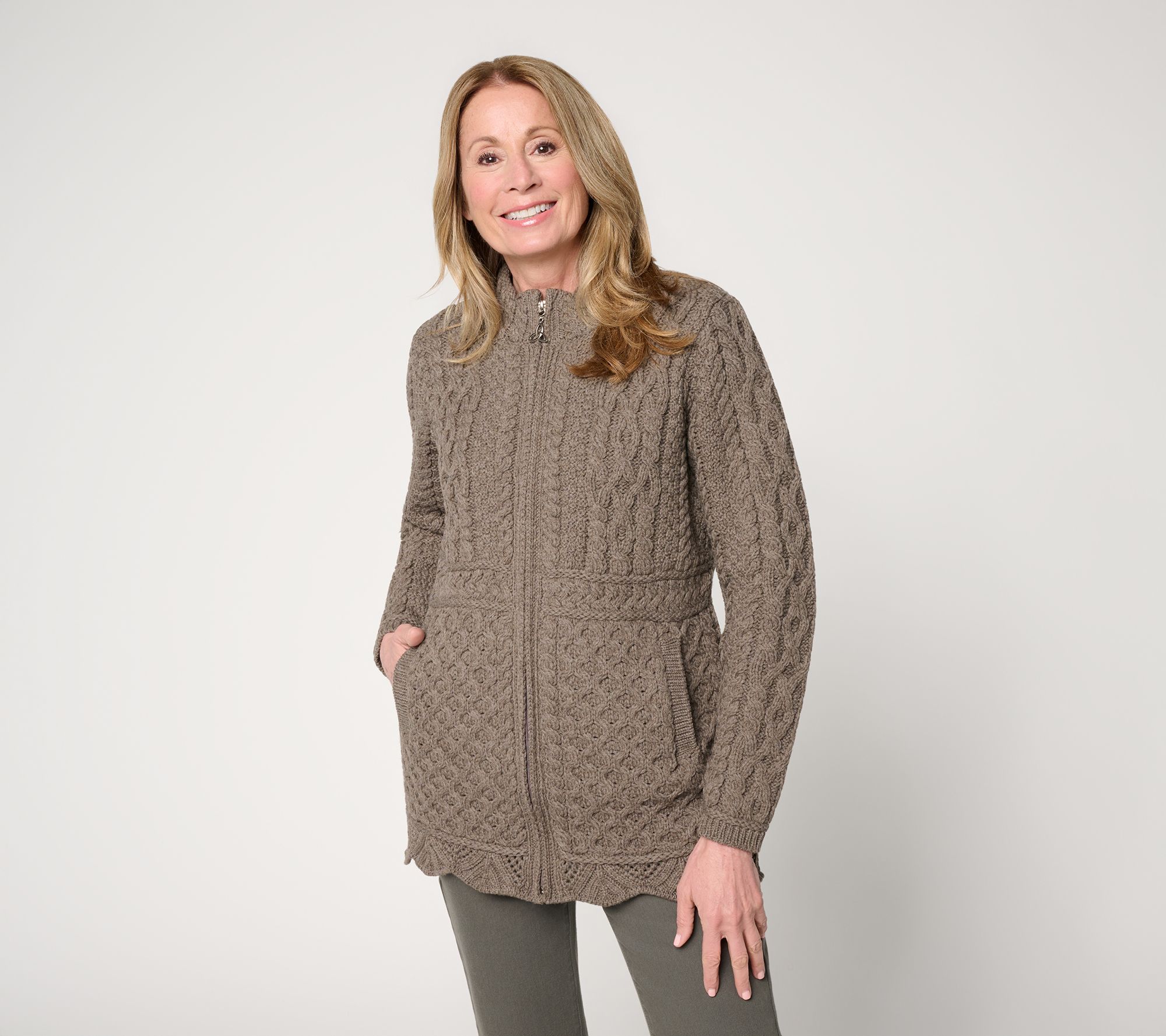 Aran Crafts Merino Wool Zip Front Sweater Cardigan