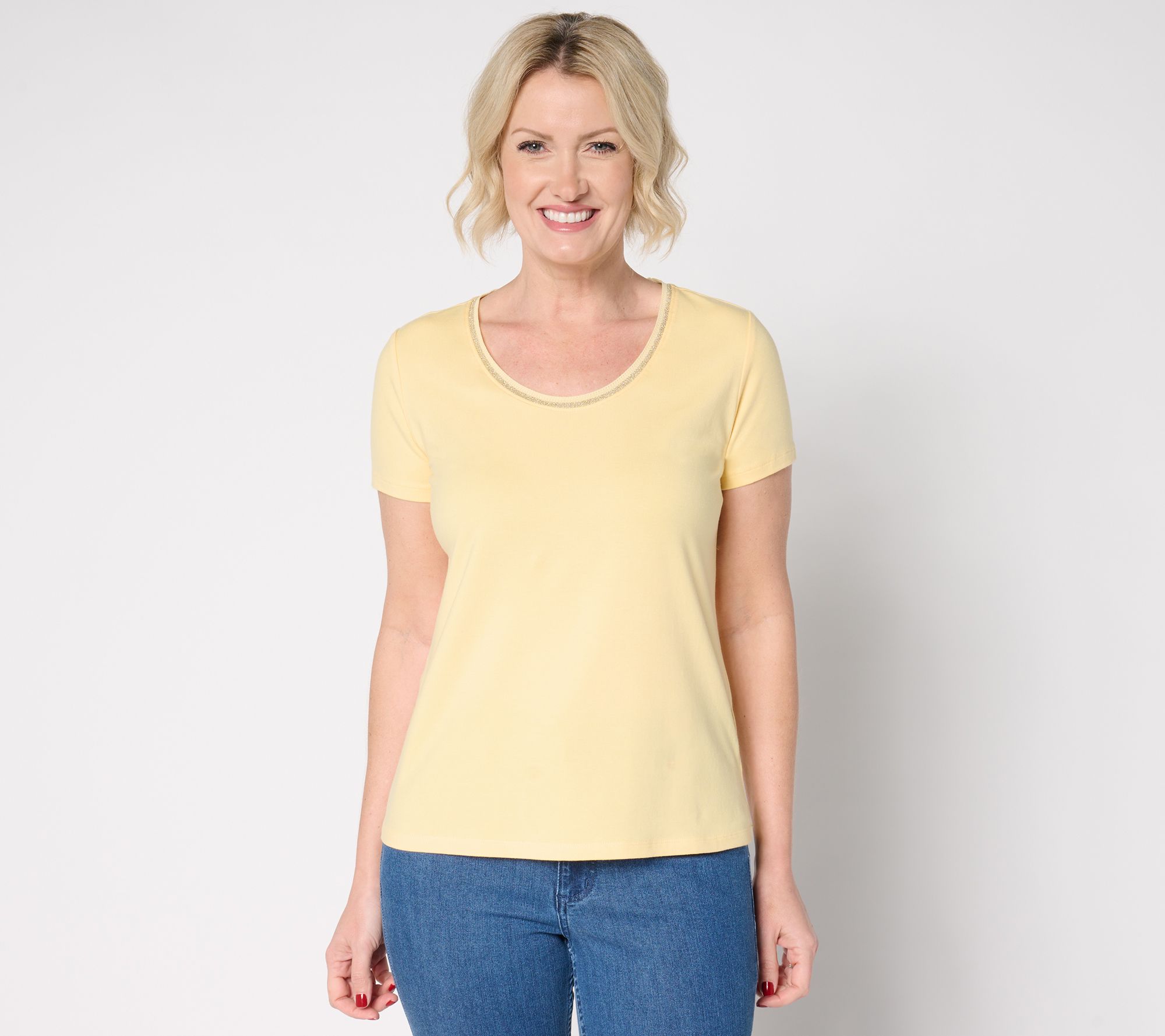 BEAUTIFUL by Lawrence Zarian Classic Knit Metallic Trim Scoop Neck Top