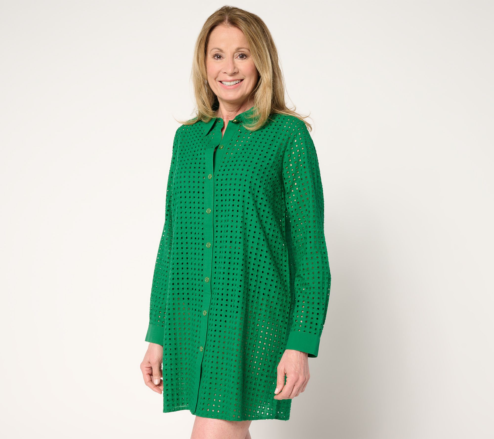 Susan Graver Soleil Petite Eyelet Button Front Cover-Up