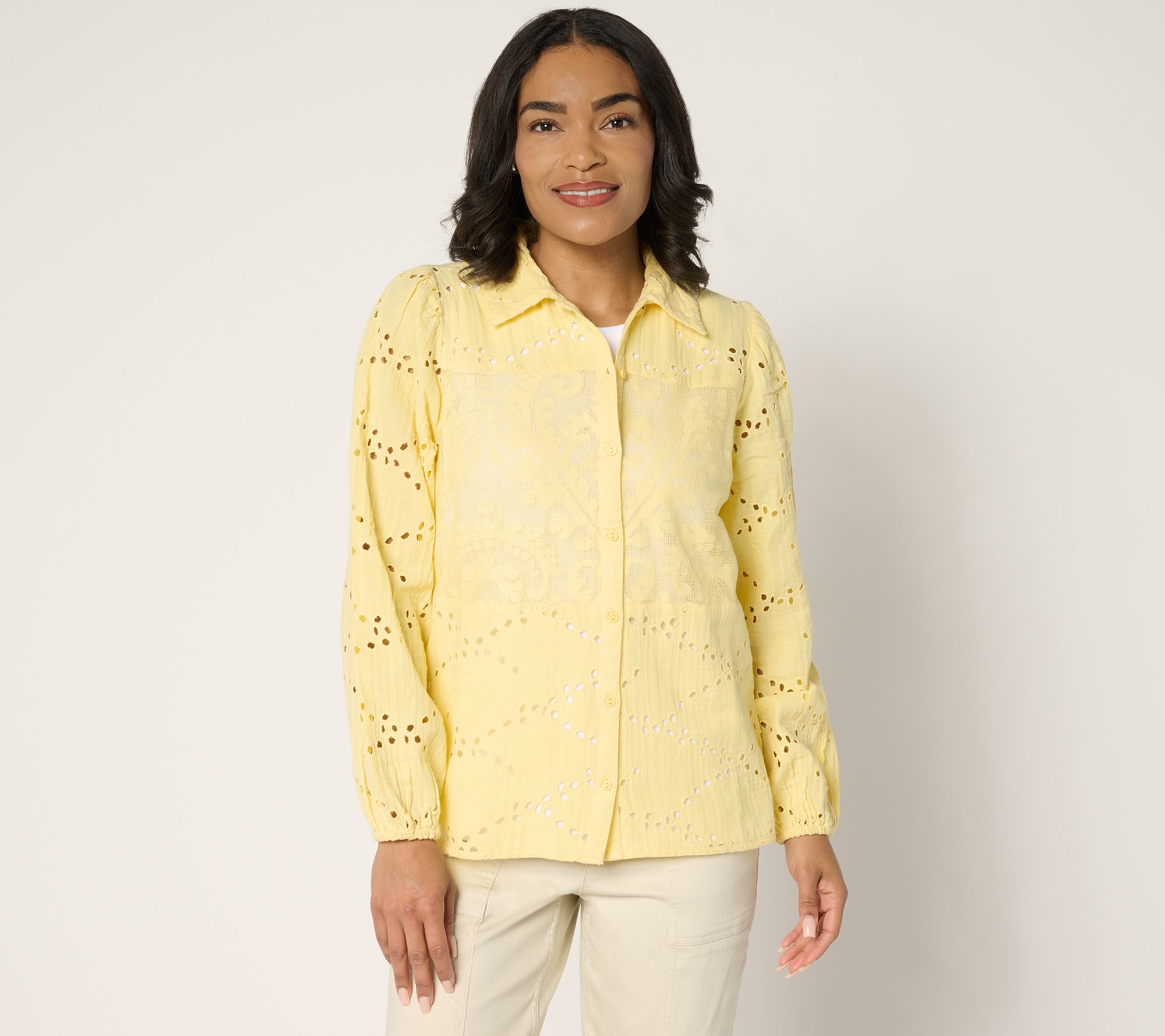 LOGO Lavish by Lori Goldstein 100% Cotton Eyelet Shirt