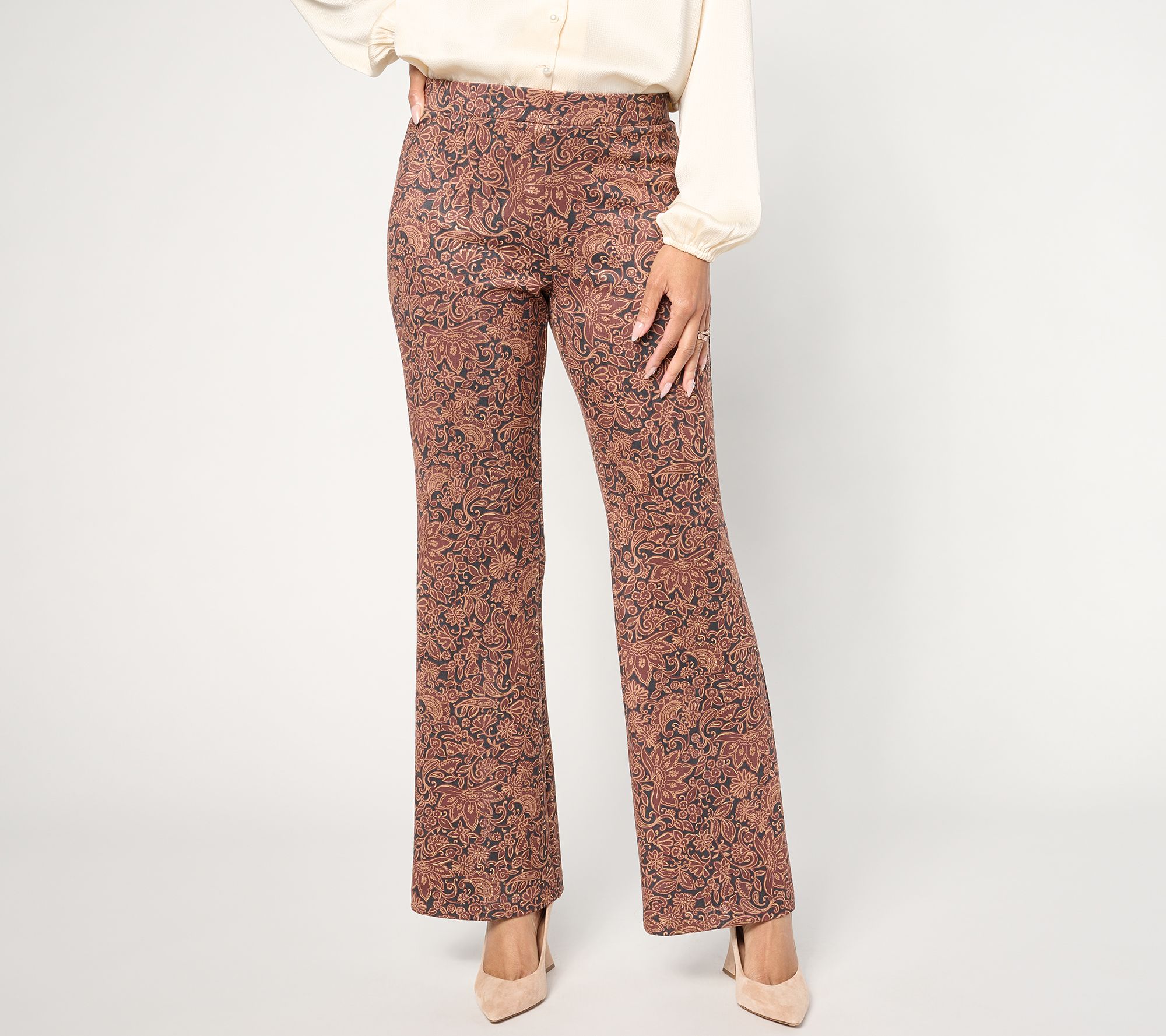 "As Is" Susan Graver Occasion Reg Printed Metallic Knit Suede Pants