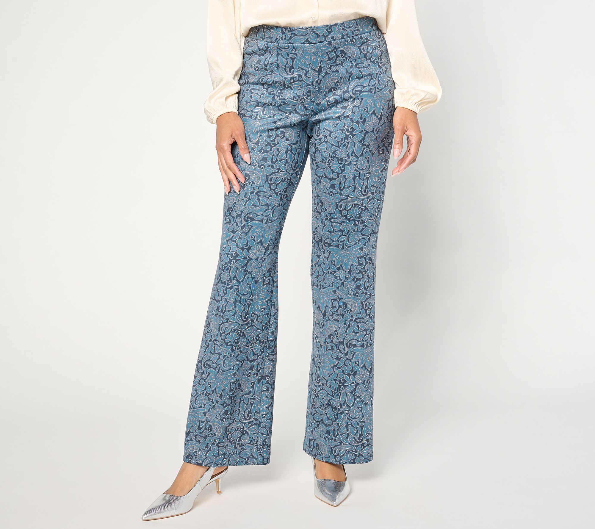 "As Is" Susan Graver Occasion Reg Printed Metallic Knit Suede Pants