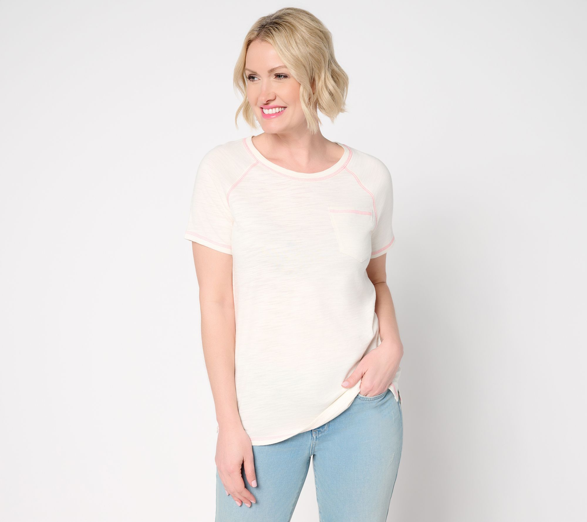 Belle Body by Kim Gravel Slub Knit Pop of Color Topstitched Top