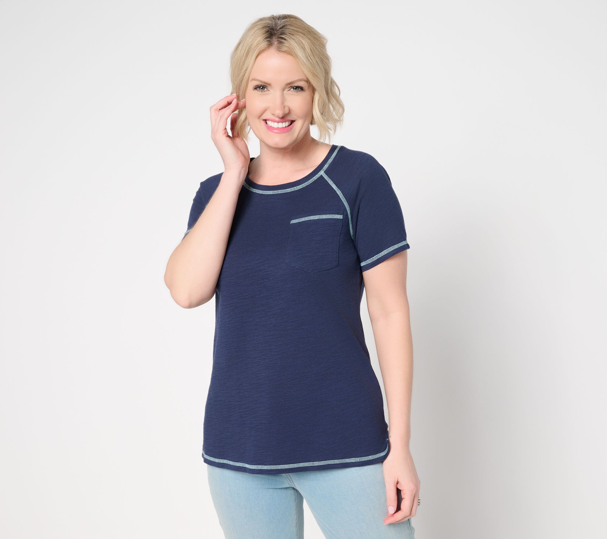 Belle Body by Kim Gravel Slub Knit Pop of Color Topstitched Top