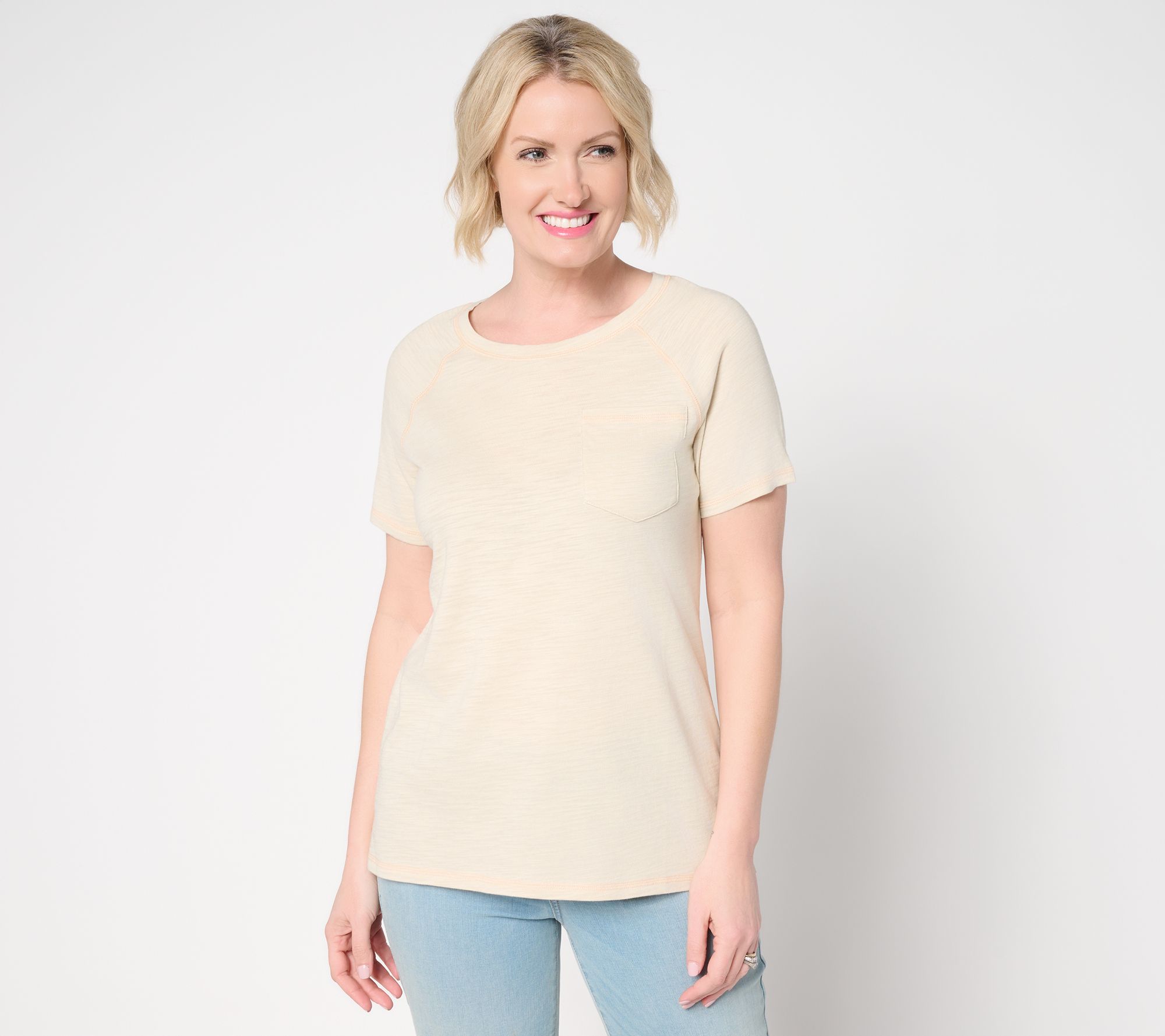 Belle Body by Kim Gravel Slub Knit Pop of Color Topstitched Top