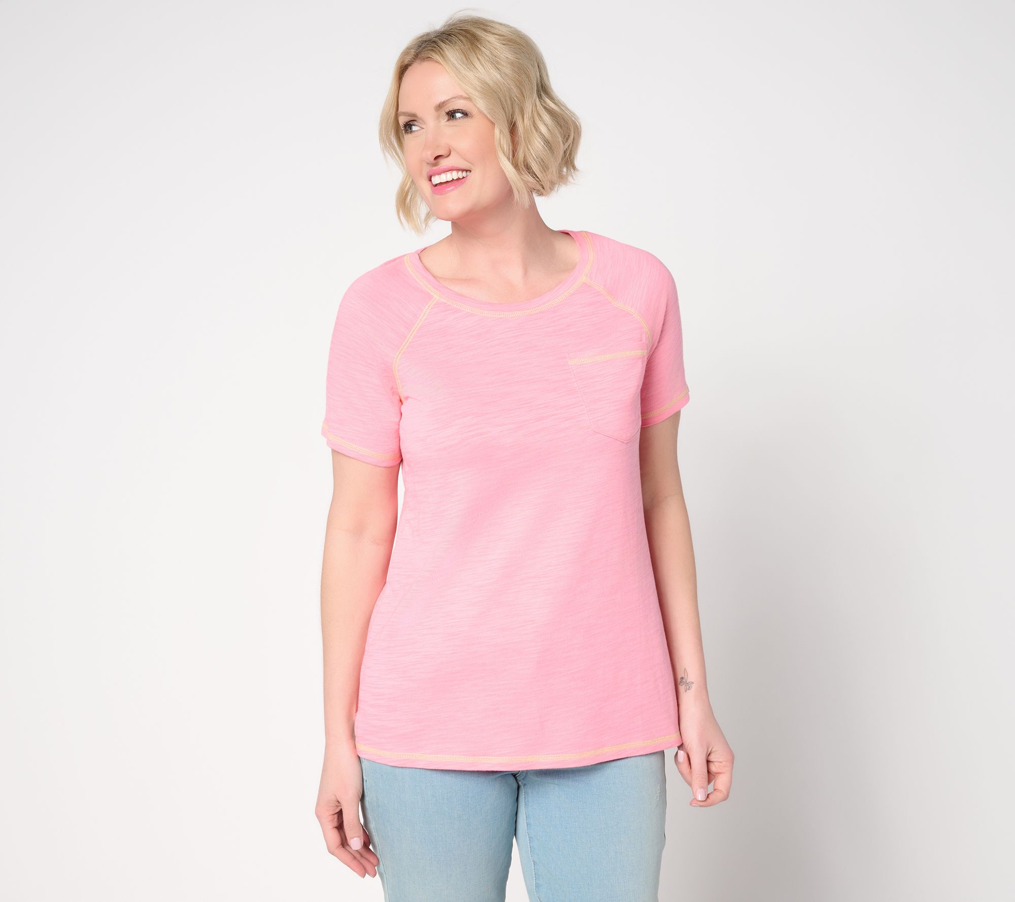 Belle Body by Kim Gravel Slub Knit Pop of Color Topstitched Top